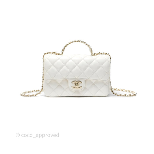 Chanel Crystals Top Handle Mini Rectangular Flap Bag White Lambskin Gold Hardware