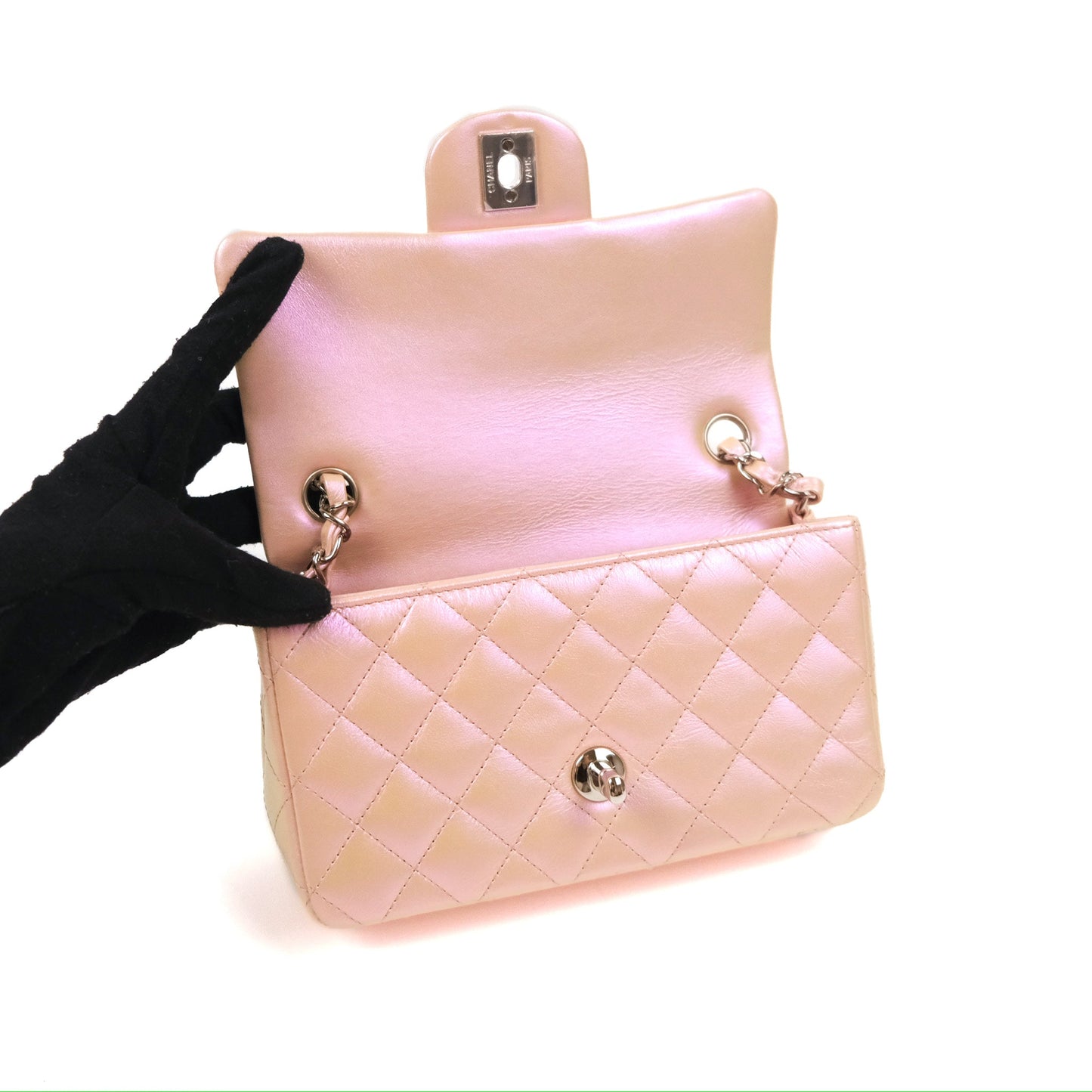 Chanel Quilted Mini Rectangular Iridescent Pink Calfskin Silver Hardware