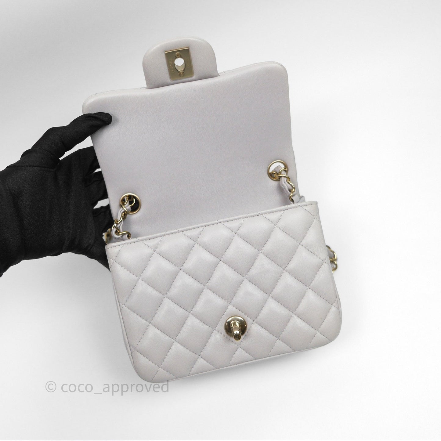 Chanel Mini Square Flap Quilted Light Grey Lambskin Gold Hardware