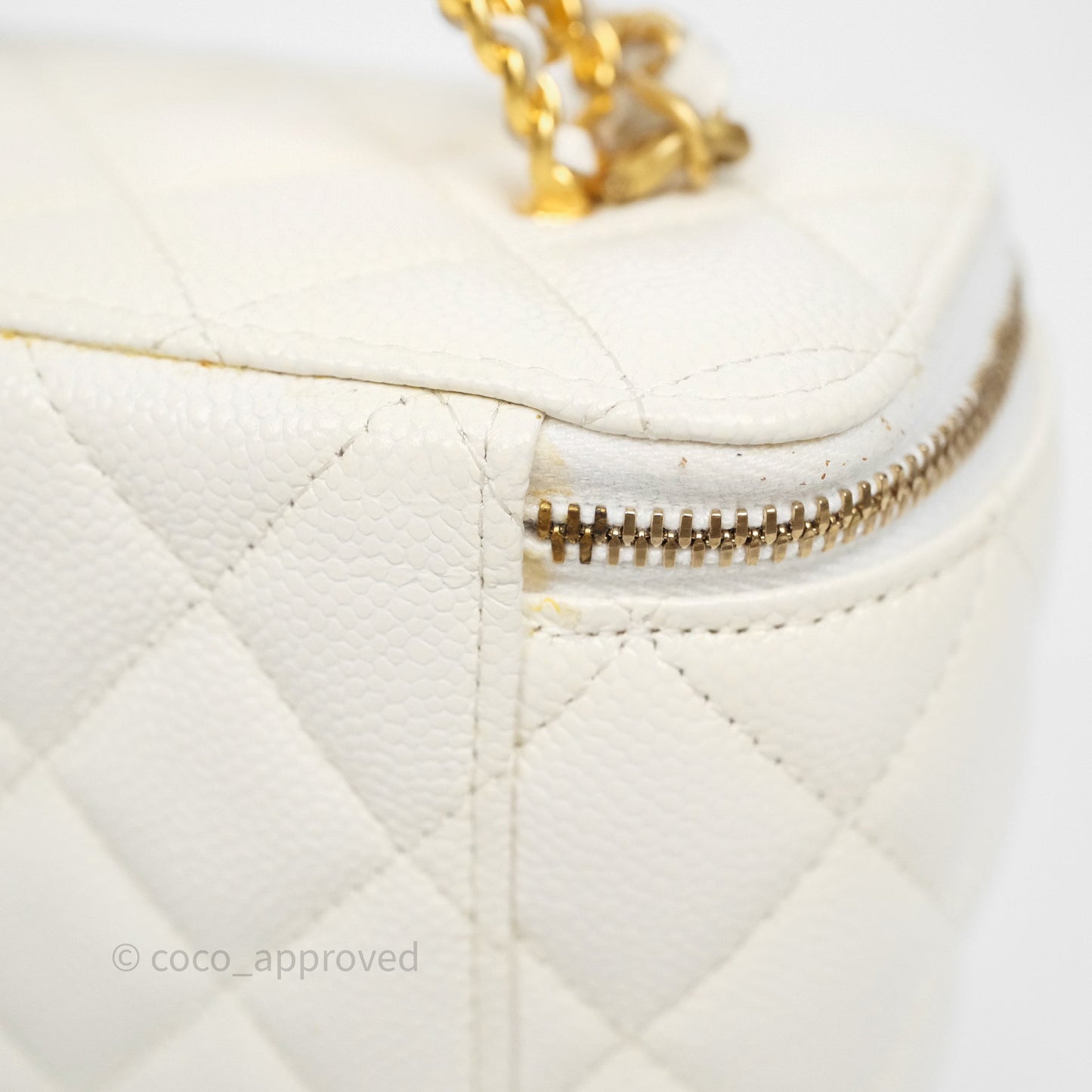 Chanel Logo Top Handle Vanity Rectangular White Caviar Aged Gold Hardware