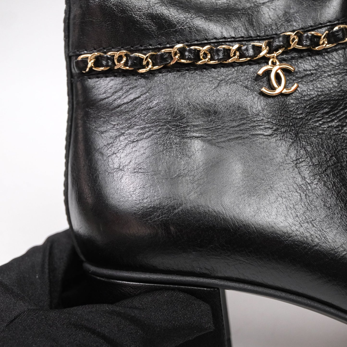 Chanel CC Black Leather Chain Ankle Boots Size 39