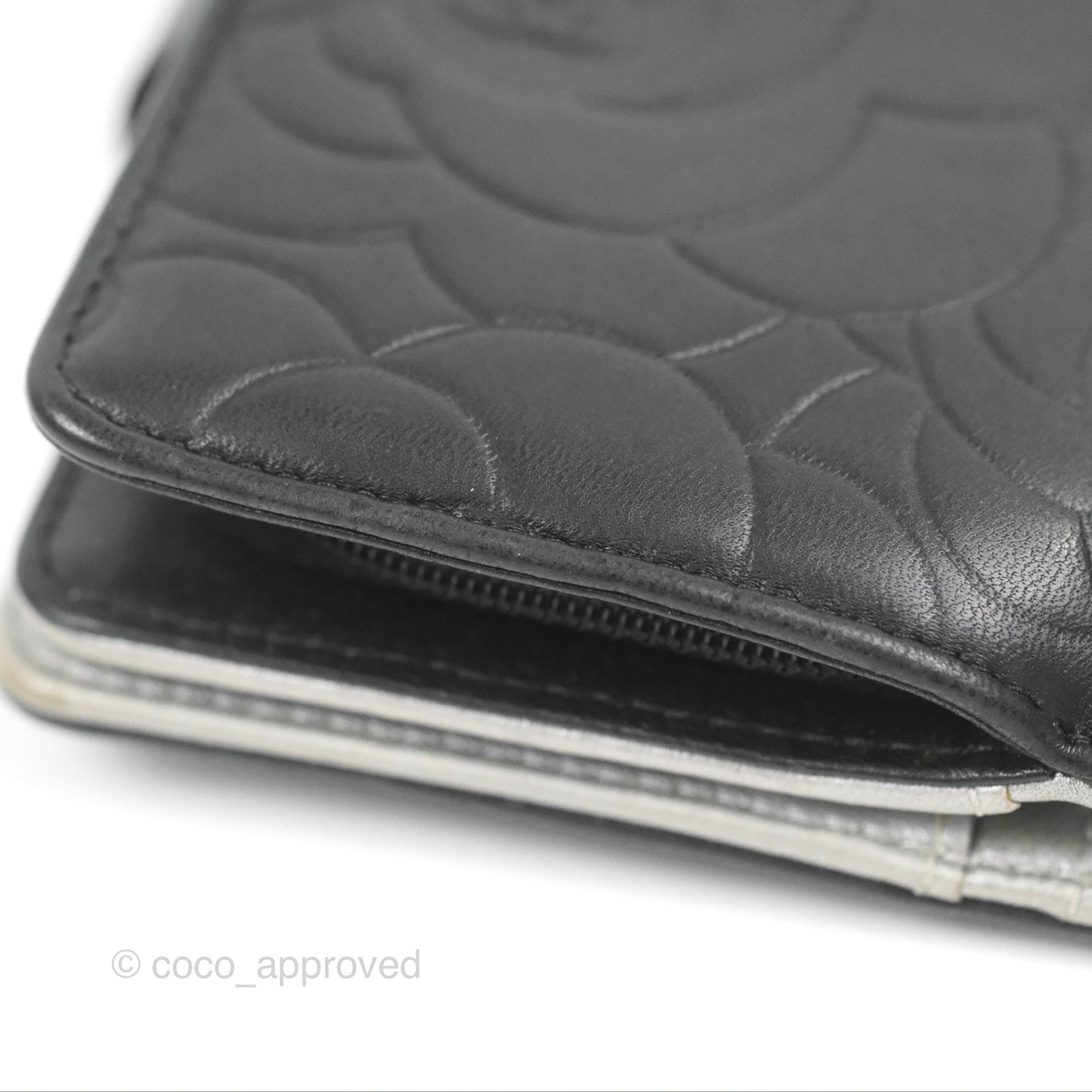 Chanel Wallet Black Camellia Embossed Lambskin Silver Hardware