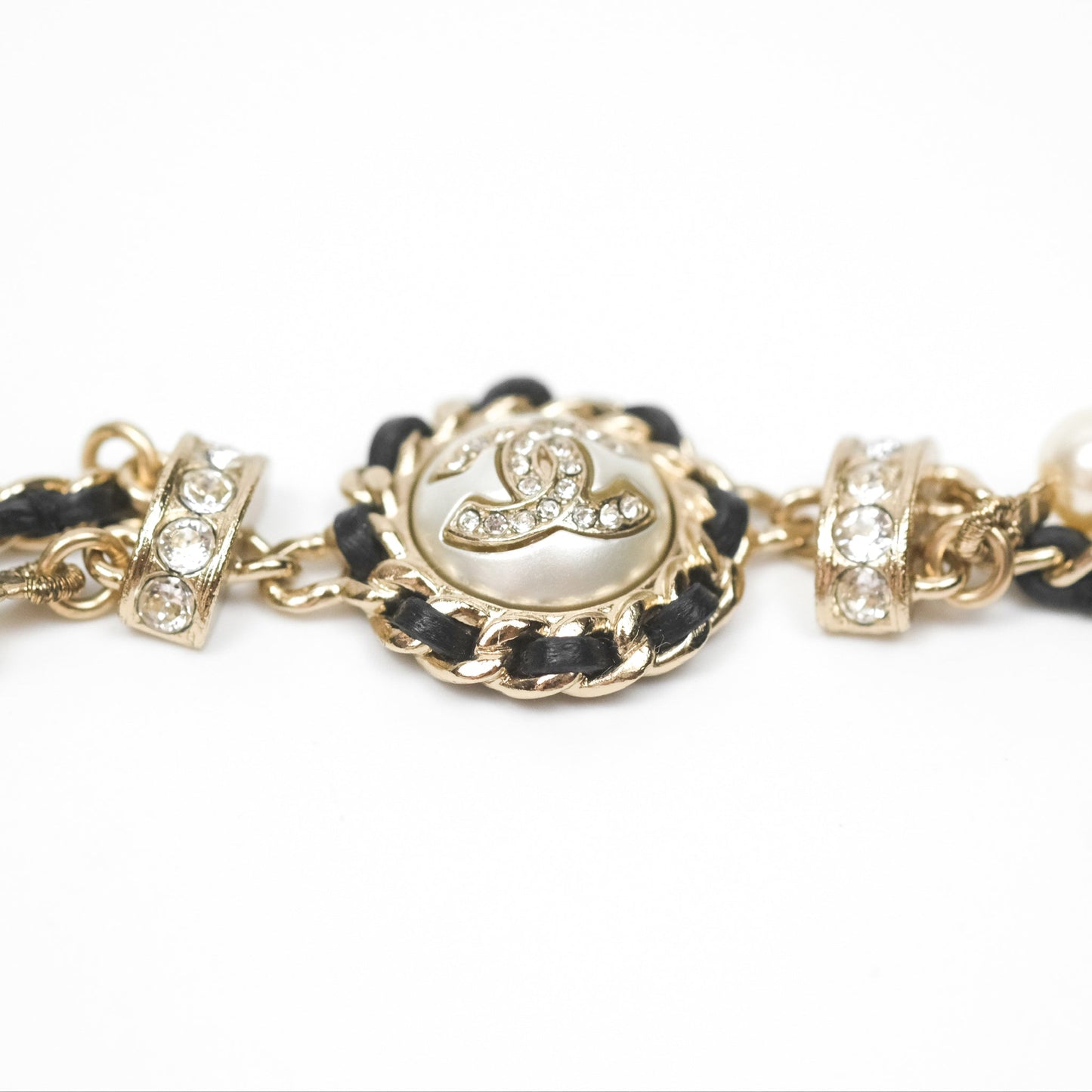 Chanel Crystal CC Pearl Black Leather Chain Braided Necklace Gold Tone 21K