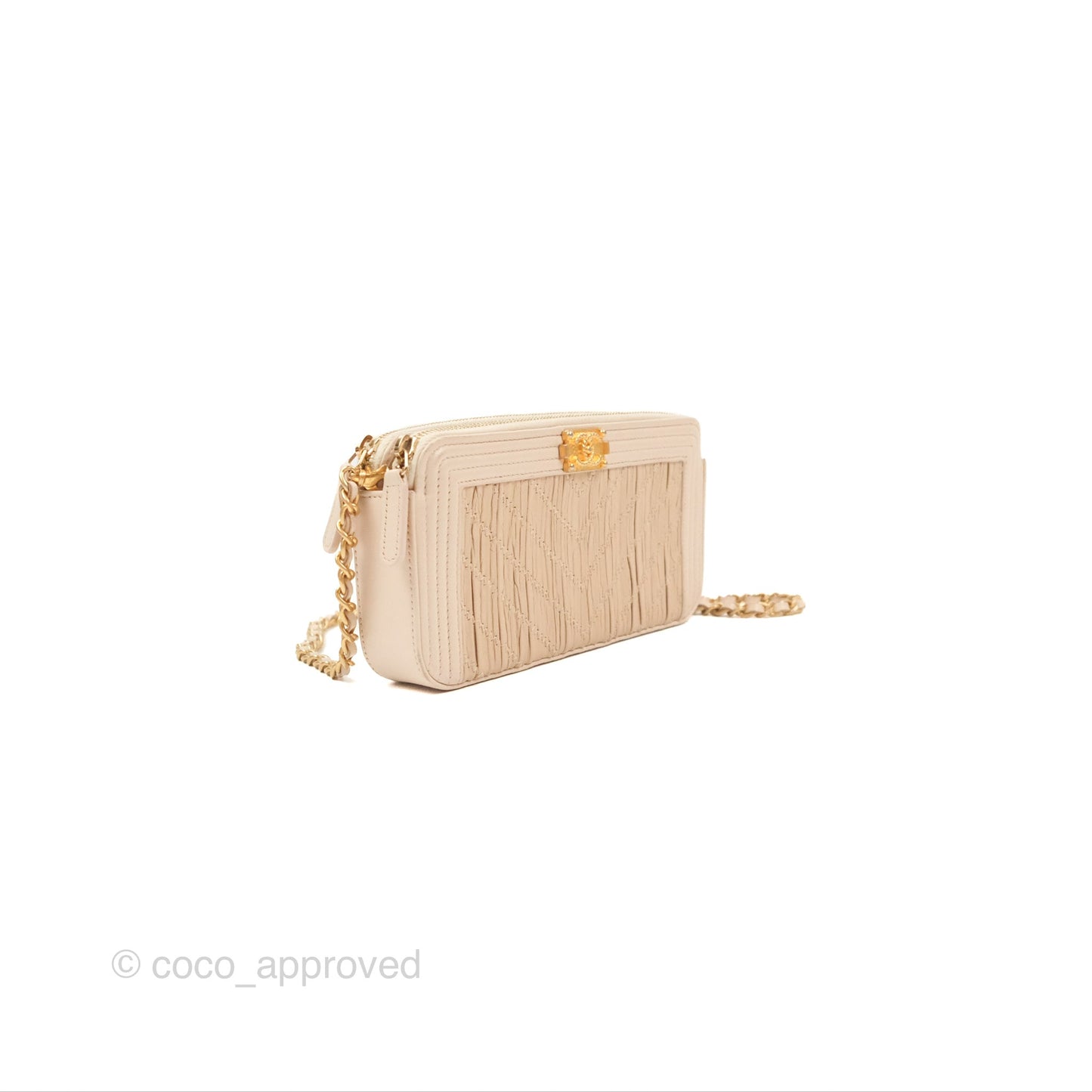 Chanel Boy Double Zip Clutch On Chain Chevron Pale Beige Aged Gold Hardware