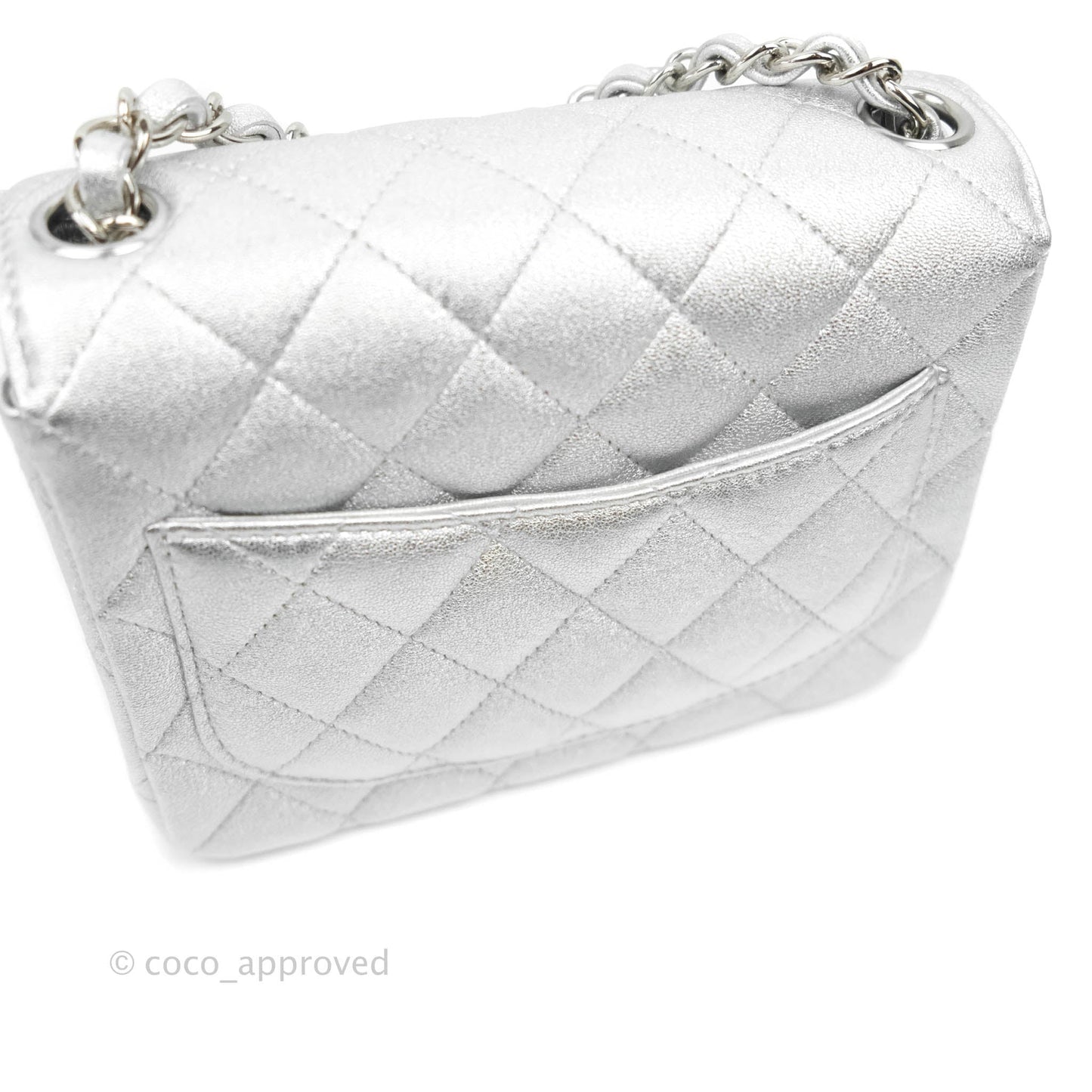 Chanel Classic Quilted Mini Square Flap Silver Lambskin Silver Hardware