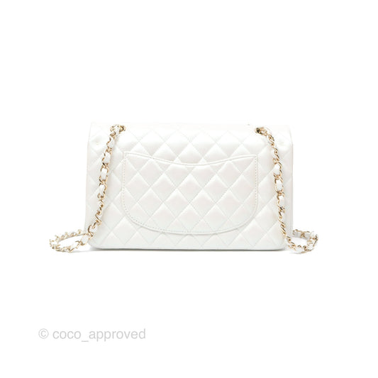 Chanel Classic M/L Medium Double Flap Iridescent White Calfskin Gold Hardware