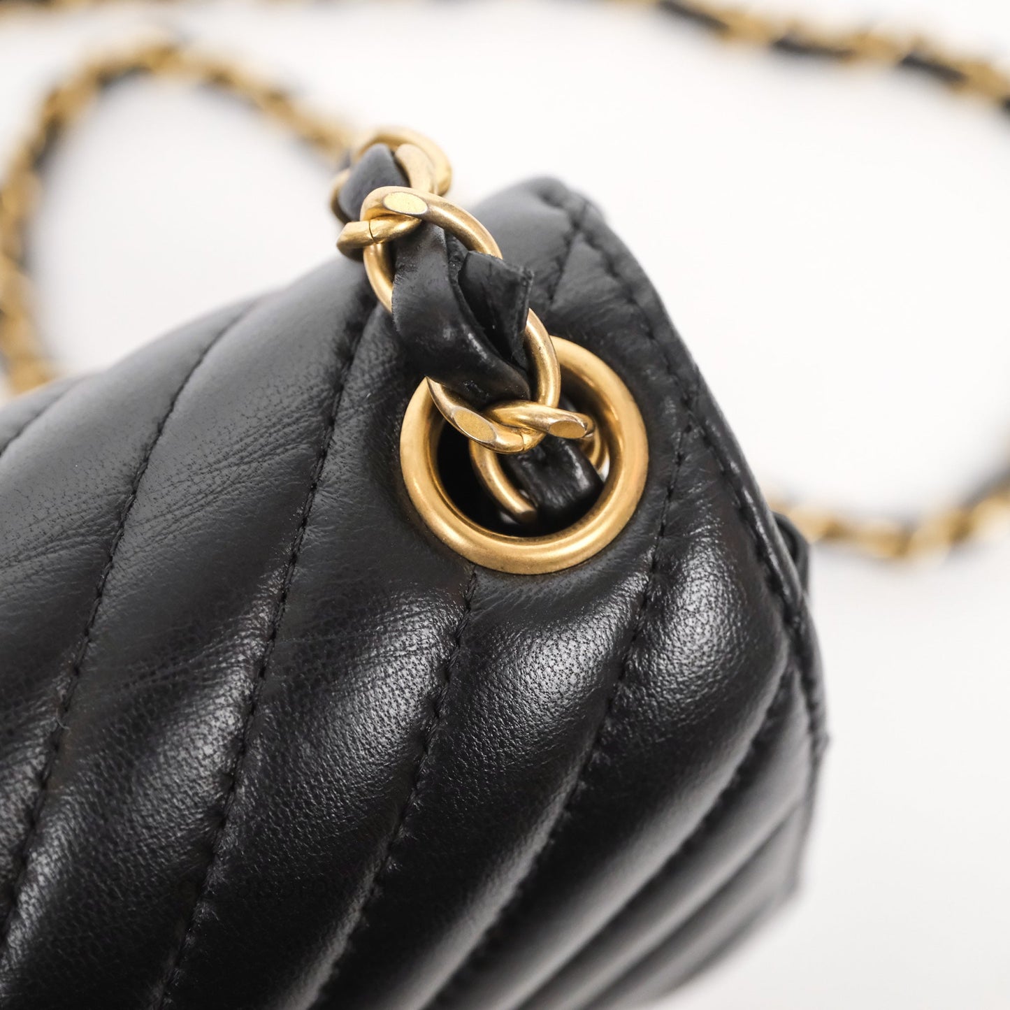 Chanel Mini Square Flap Chevron Black Lambskin Aged Gold Hardware