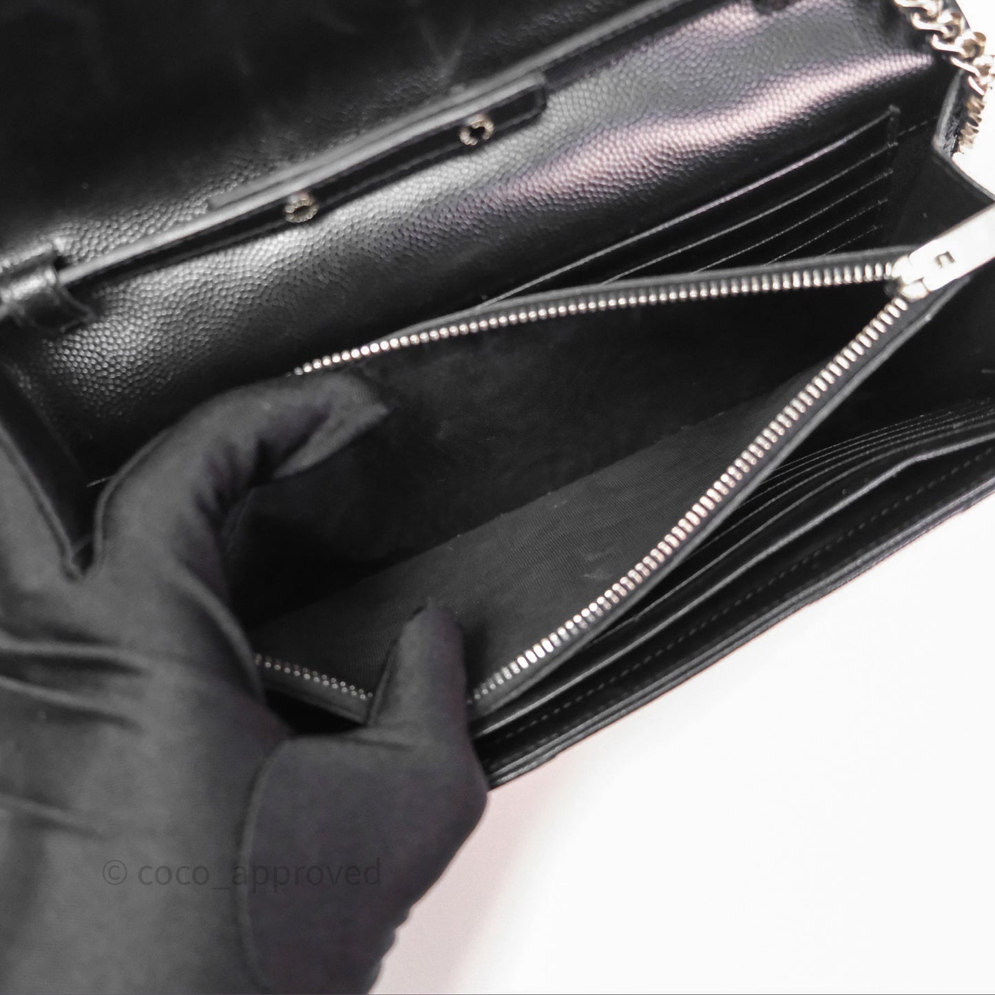 Saint Laurent Wallet on Chain WOC Black Grained Leather Sliver Hardware