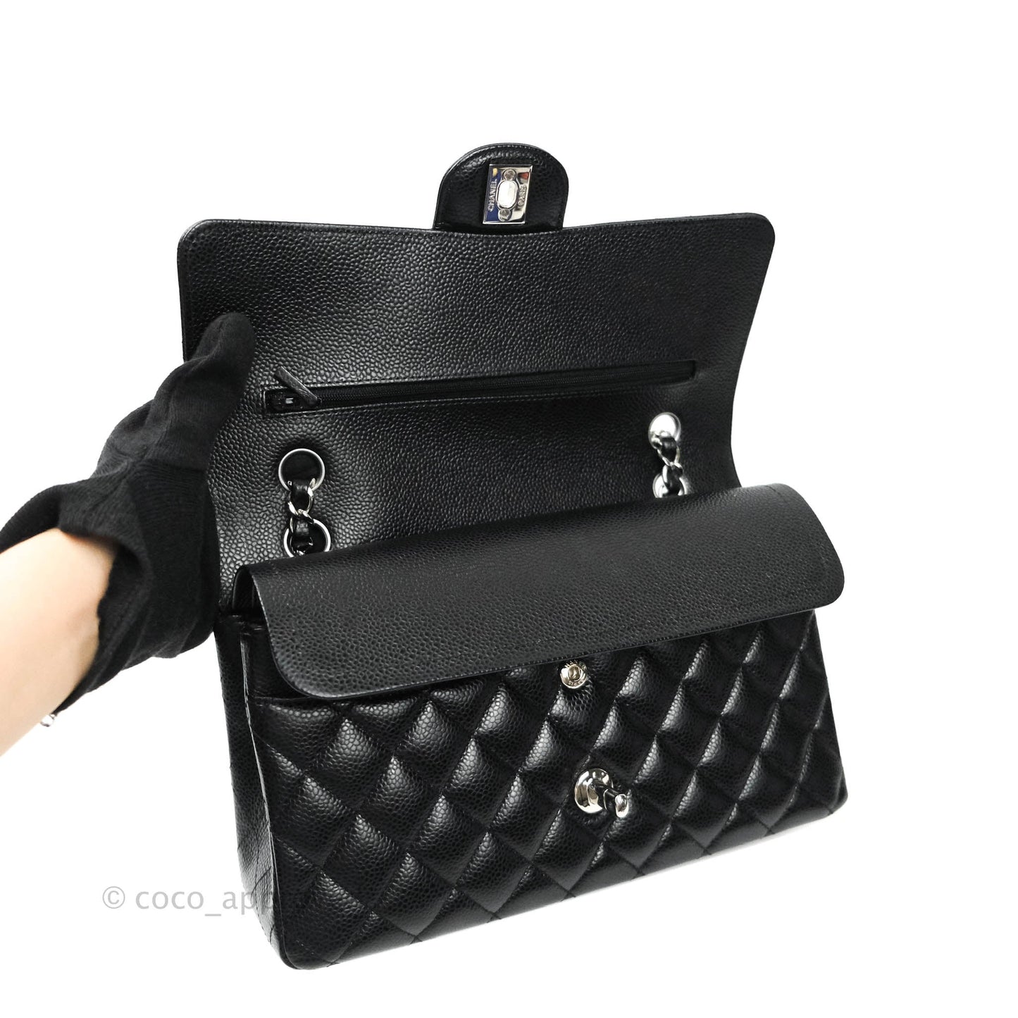Chanel Classic M/L Medium Double Flap Bag Black Caviar Silver Hardware
