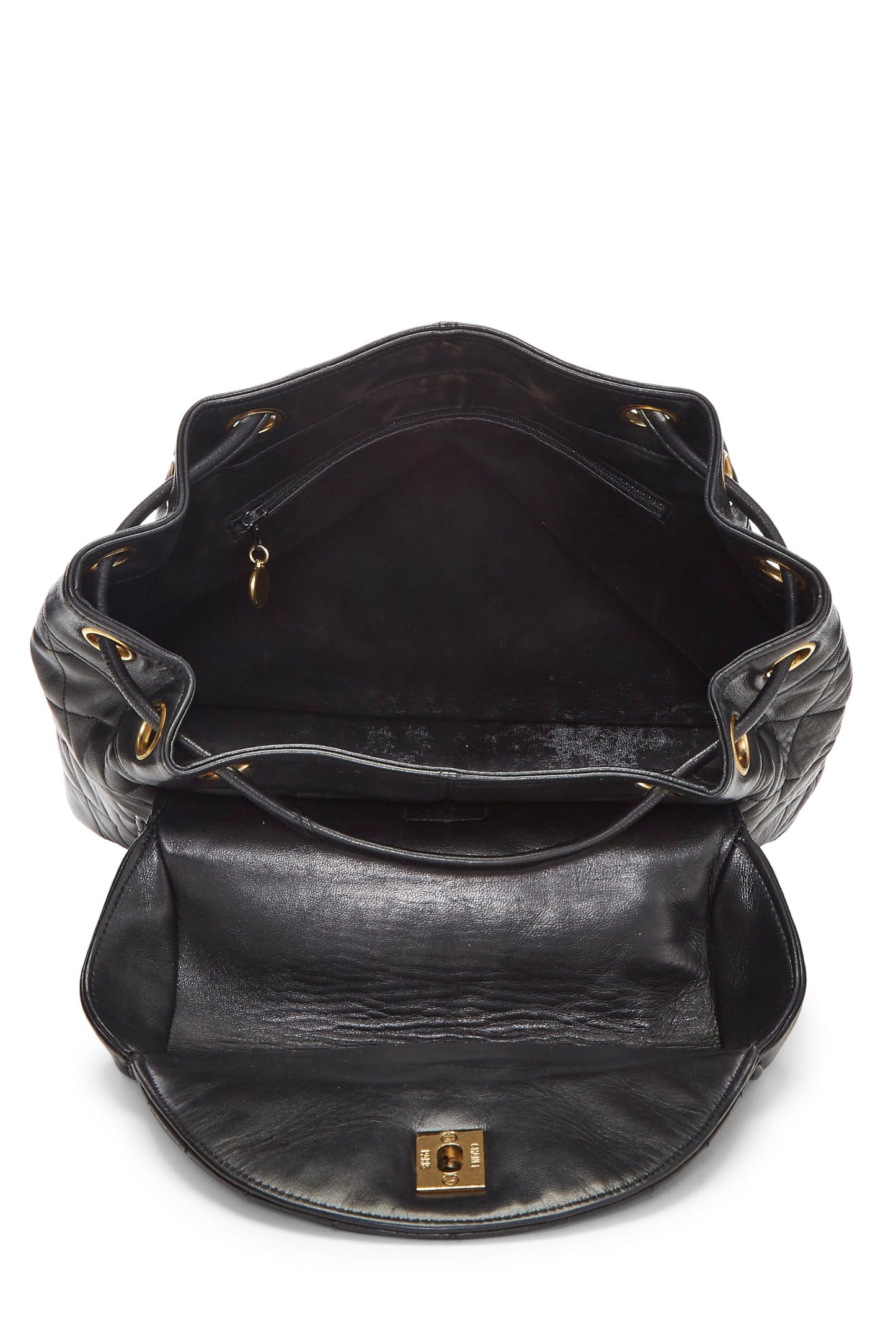 Chanel,  Black Quilted Lambskin Circle Lock Backpack Large, Black