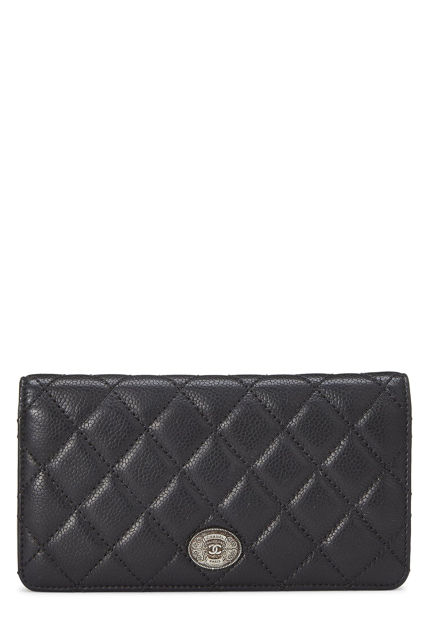 Chanel,  Black Quilted Caviar Long Flap Wallet, Black