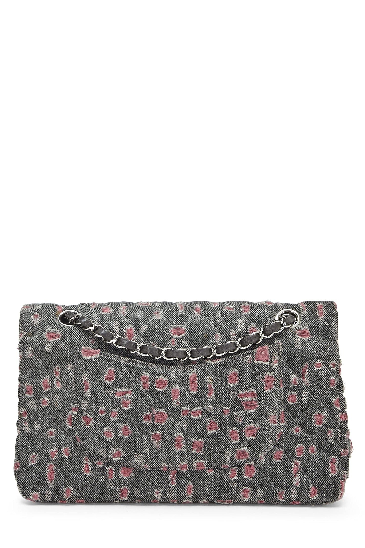 Chanel,  Grey & Pink Distressed Denim Classic Double Flap Medium, Pink