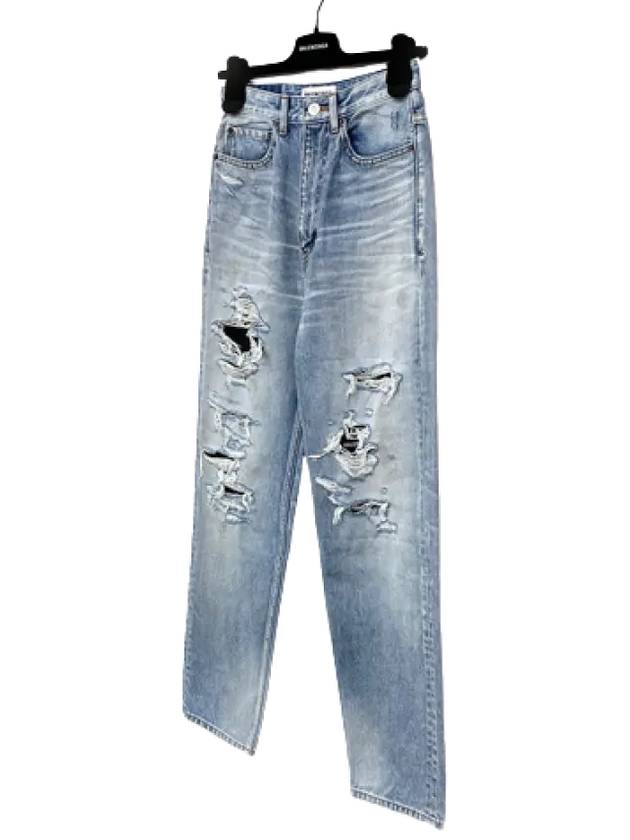 Luxury Balenciaga WoMen's Distressed Denim Straight Jeans Vintage Blue