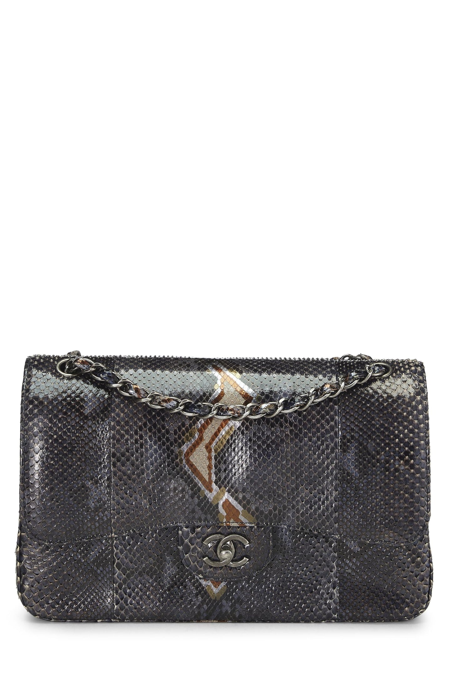 Chanel,  Navy Python New Classic Double Flap Jumbo, Blue