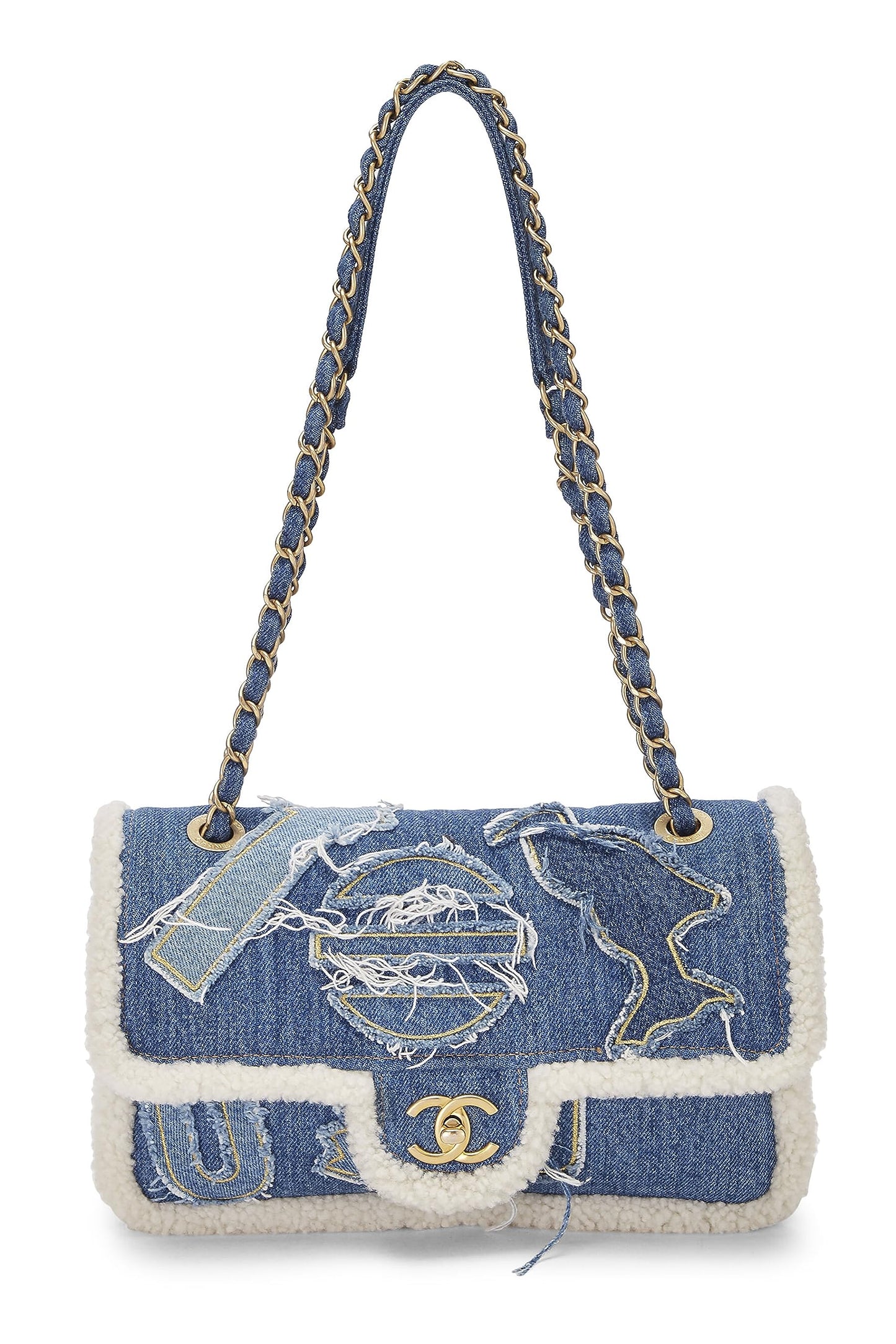 Chanel,  Paris-Egypt Blue Denim & Shearling Hieroglyph Flap Medium, Blue
