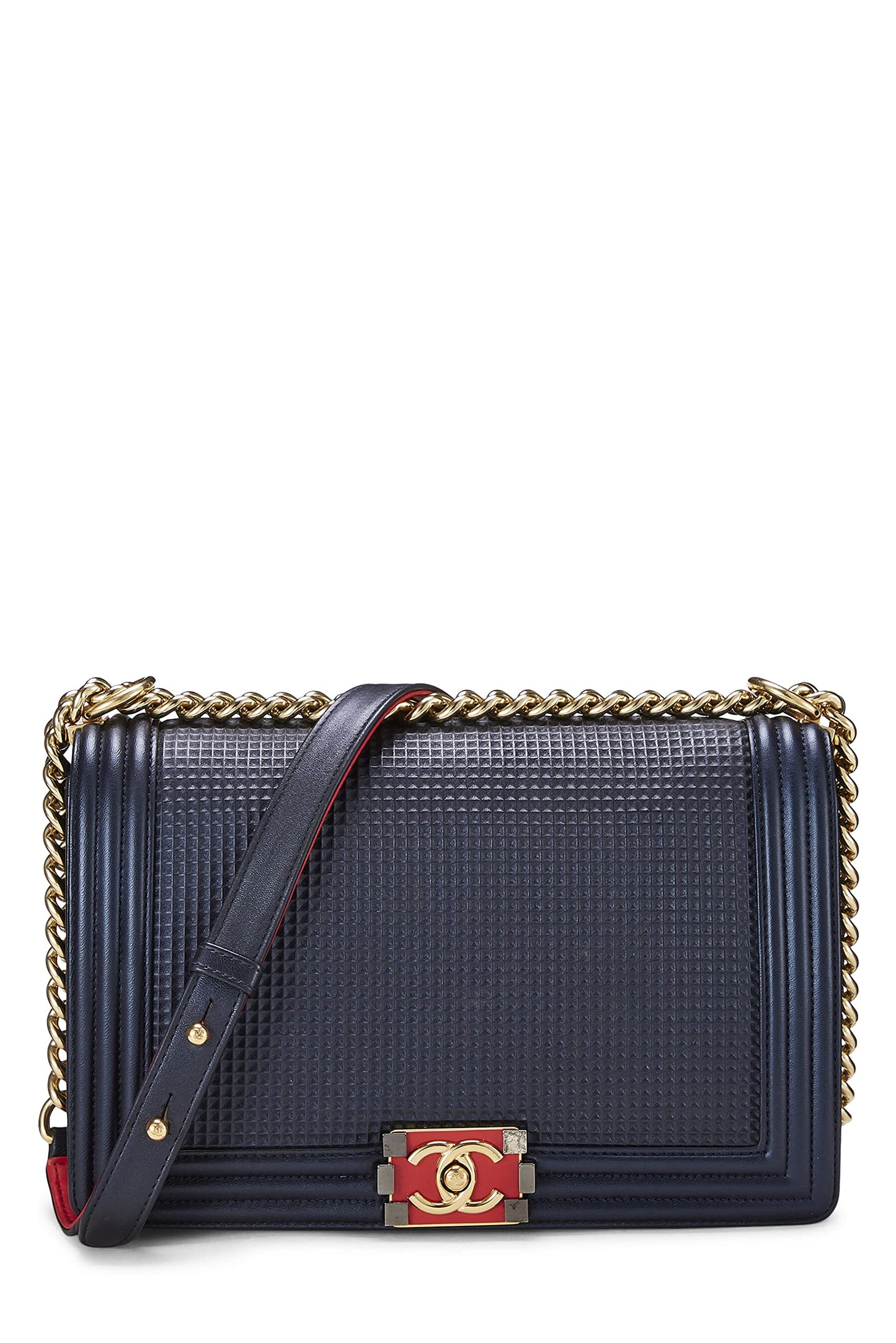 Chanel,  Navy Cube Embossed Calfskin Boy Bag Large, Navy