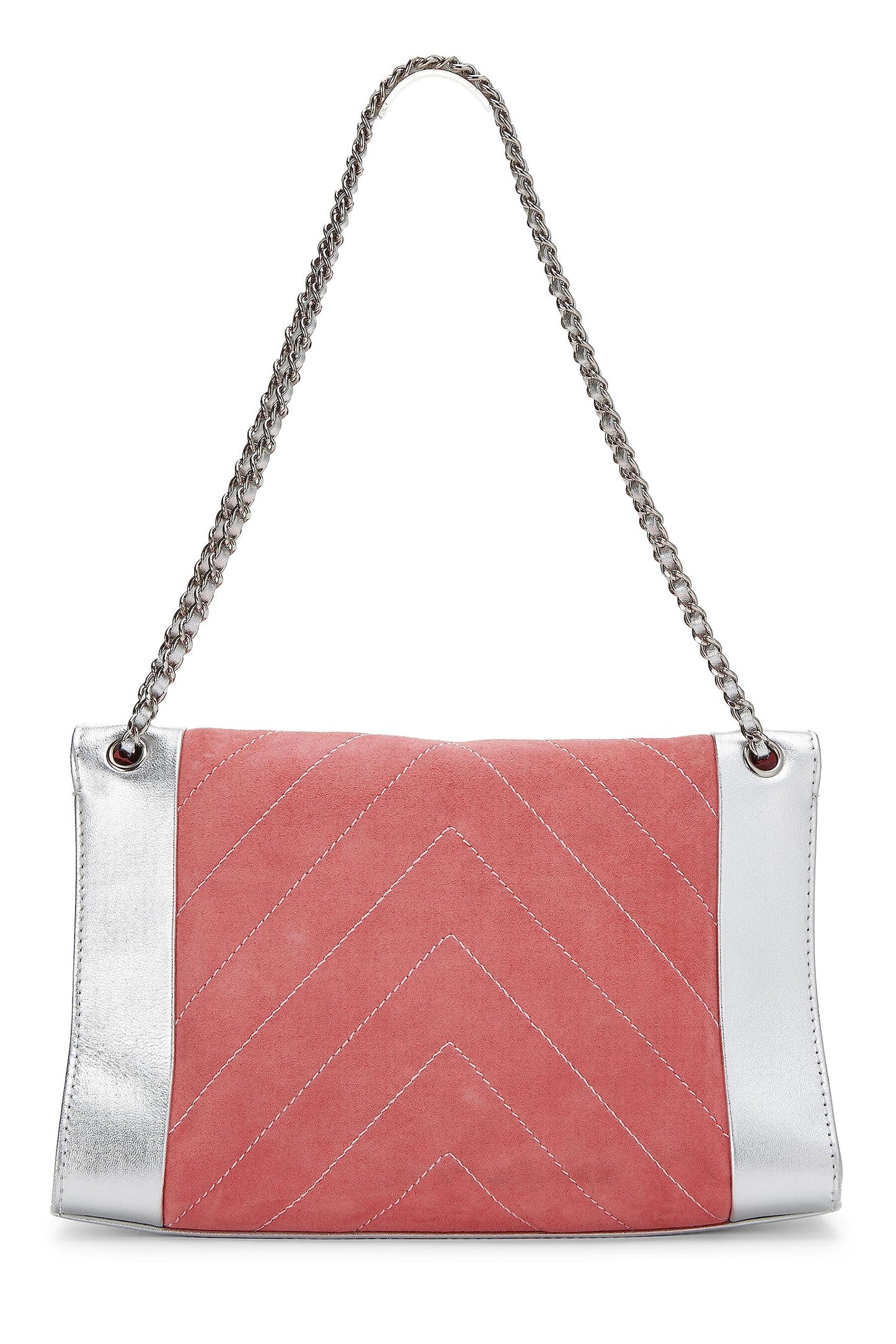 Chanel,  Pink Suede & Silver Leather Chevron Flap Medium, Pink