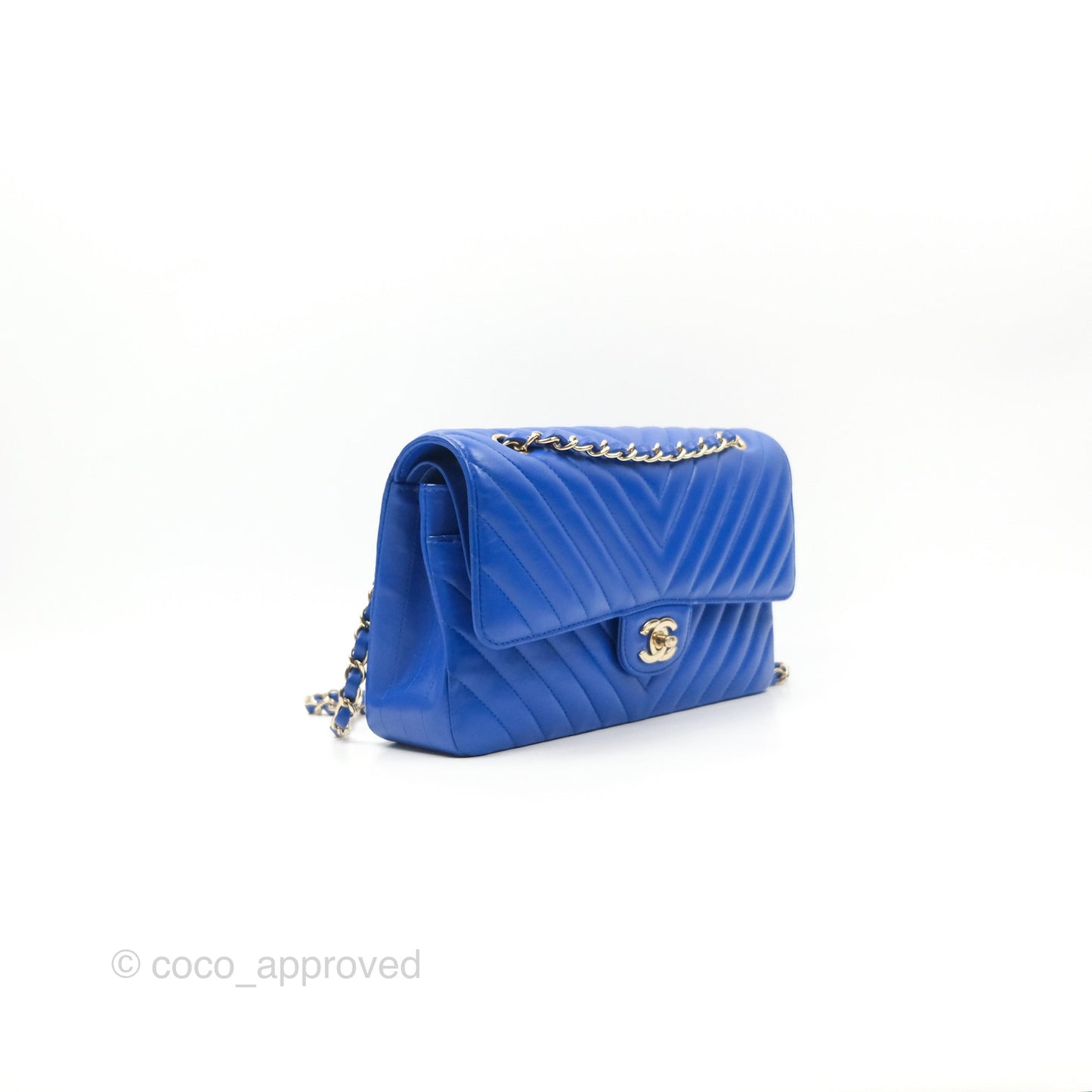 Chanel Medium Classic Flap Chevron Blue Lambskin Gold Hardware