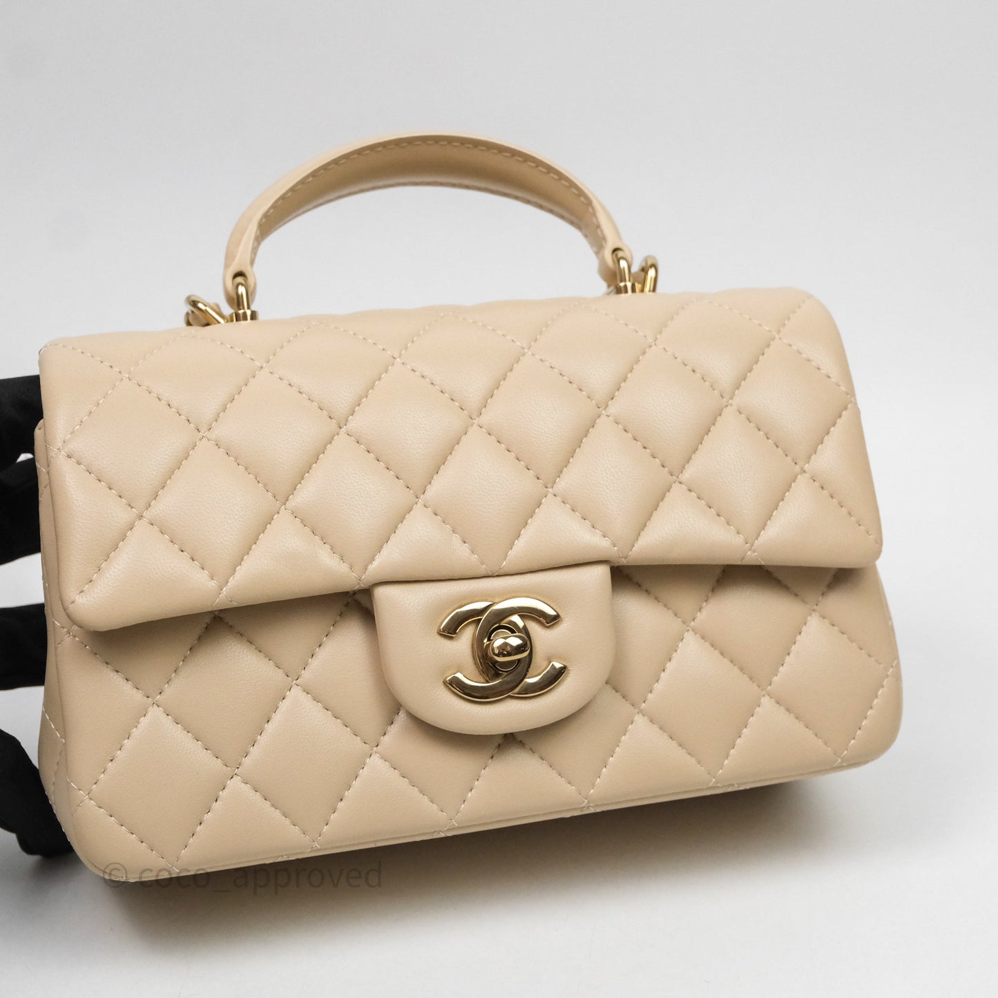 Chanel Top Handle Mini Rectangular Flap Beige Lambskin Shiny Gold Hardware