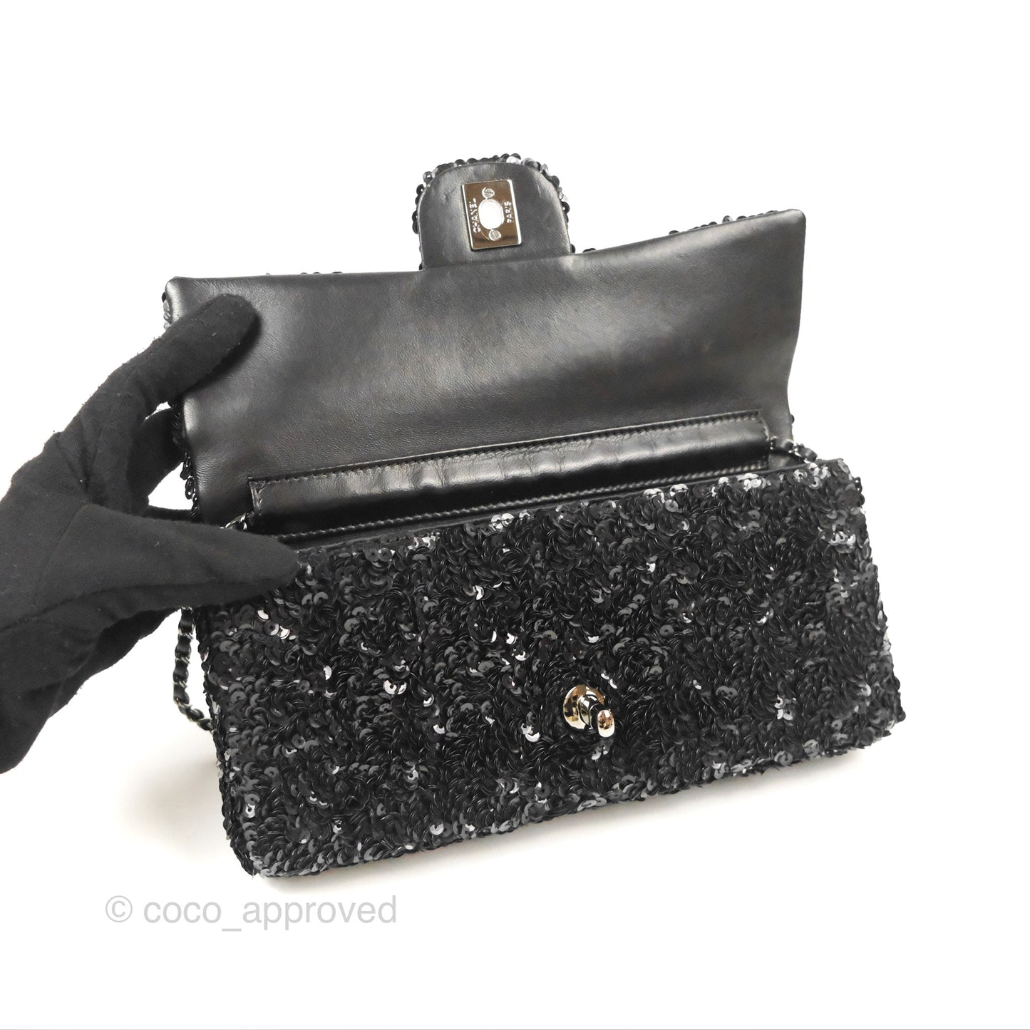 Chanel East West Flap Bag Black Sequin Dark Silver Hardware