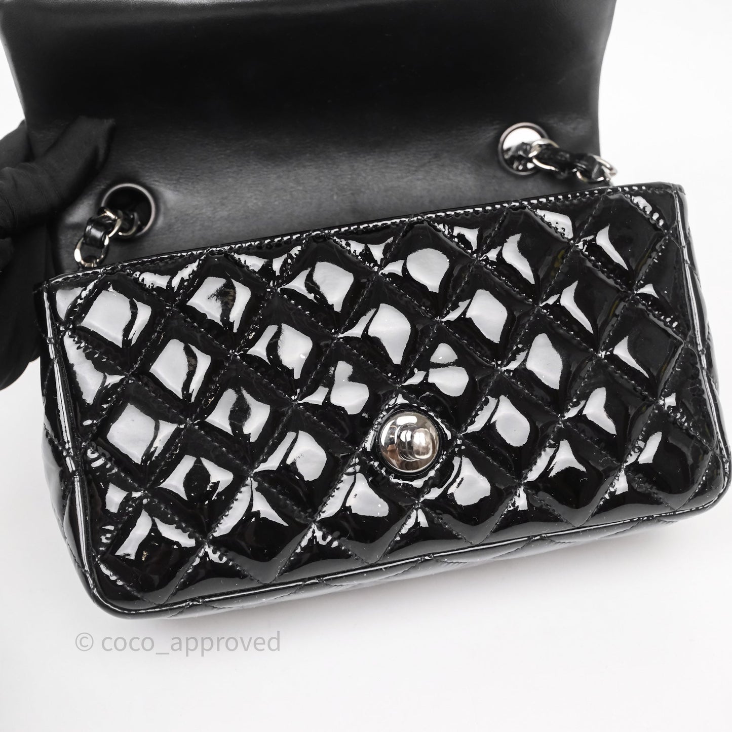 Chanel Quilted Mini Rectangular Flap Black Patent Silver Hardware