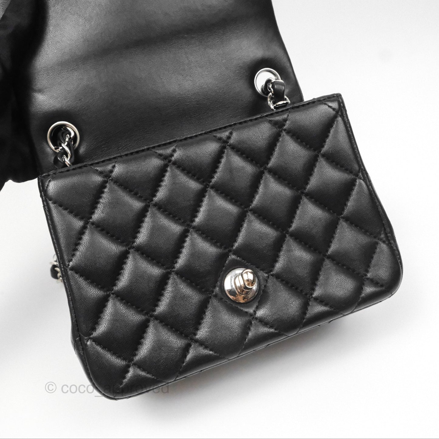 Chanel Mini Square Flap Quilted Black Lambskin Silver Hardware