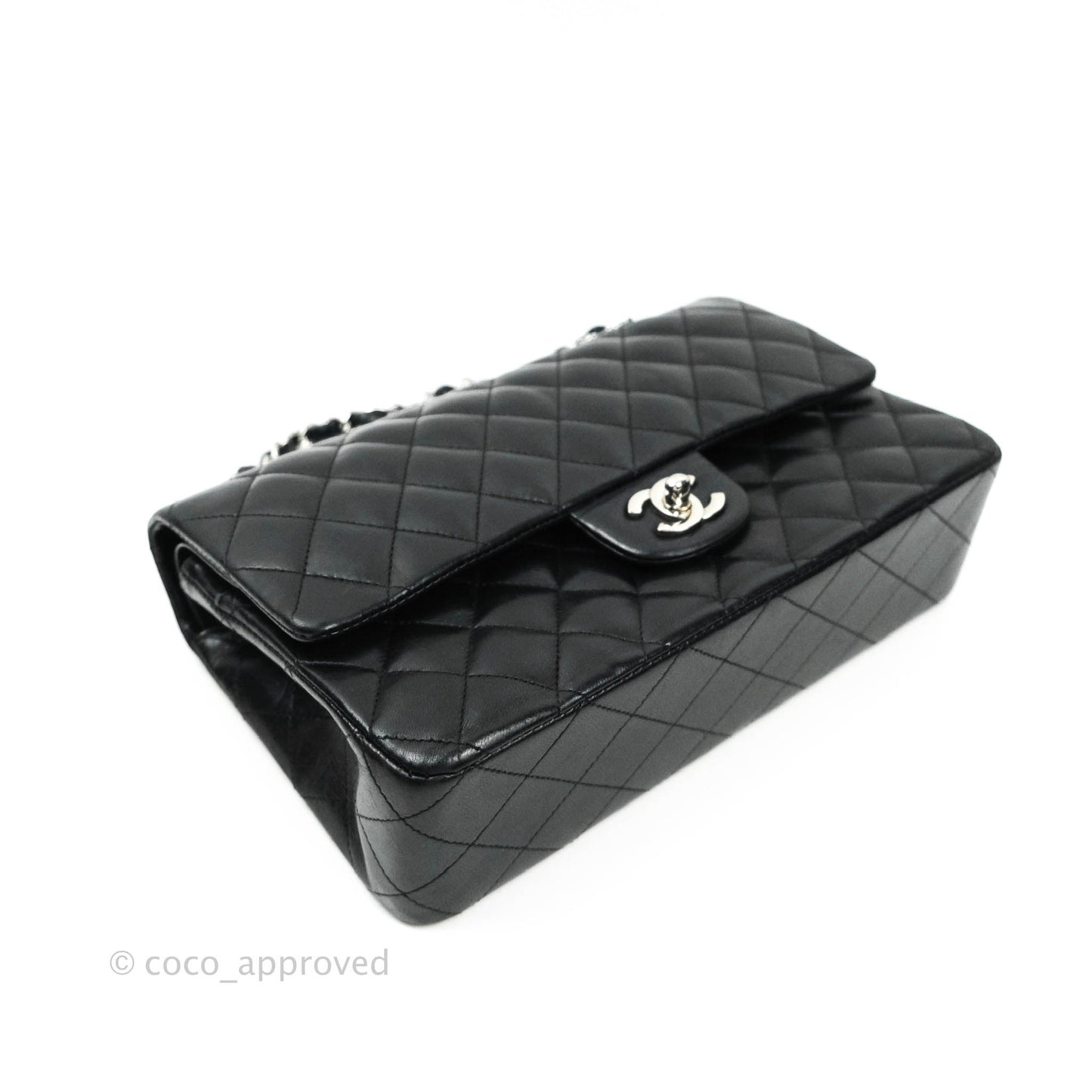 Chanel Classic M/L Medium Double Flap Bag Black Lambskin Silver Hardware