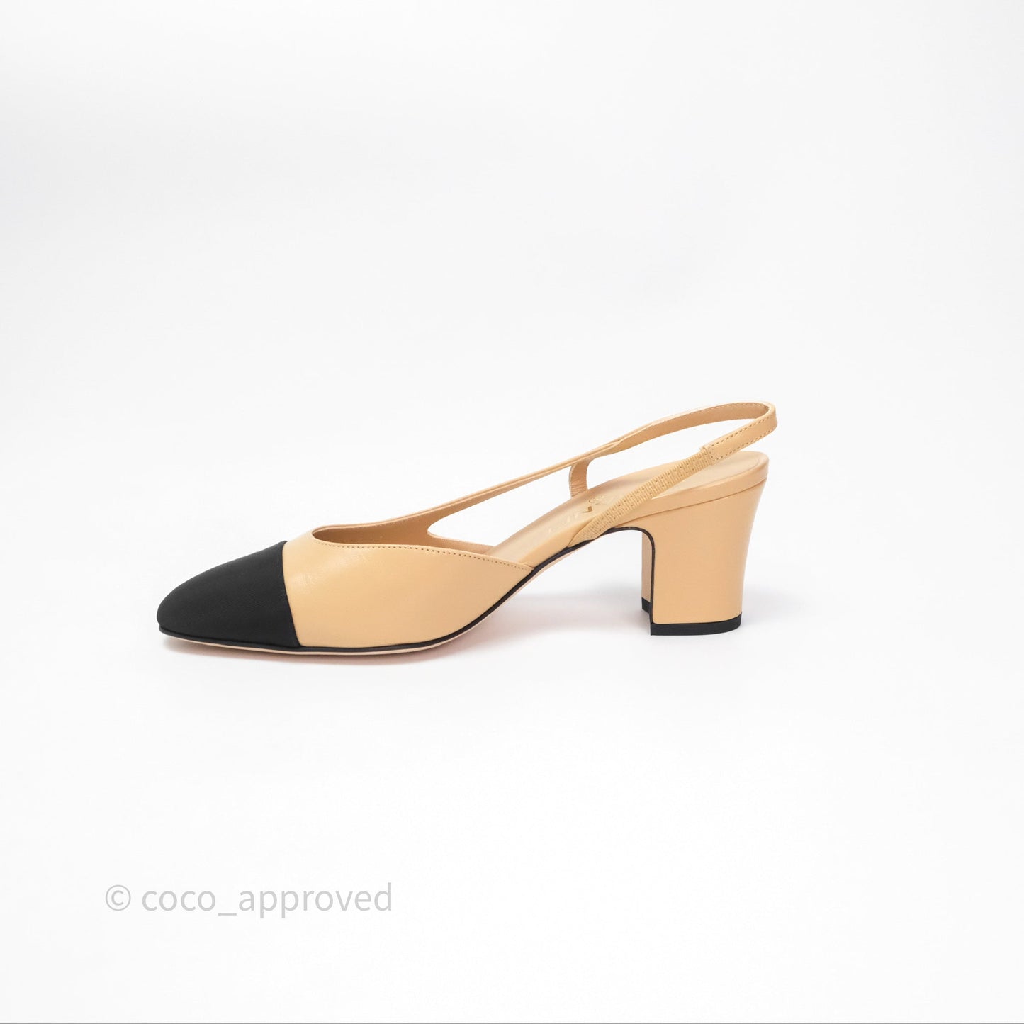 Chanel Classic Slingback Beige Black Leather Size 38