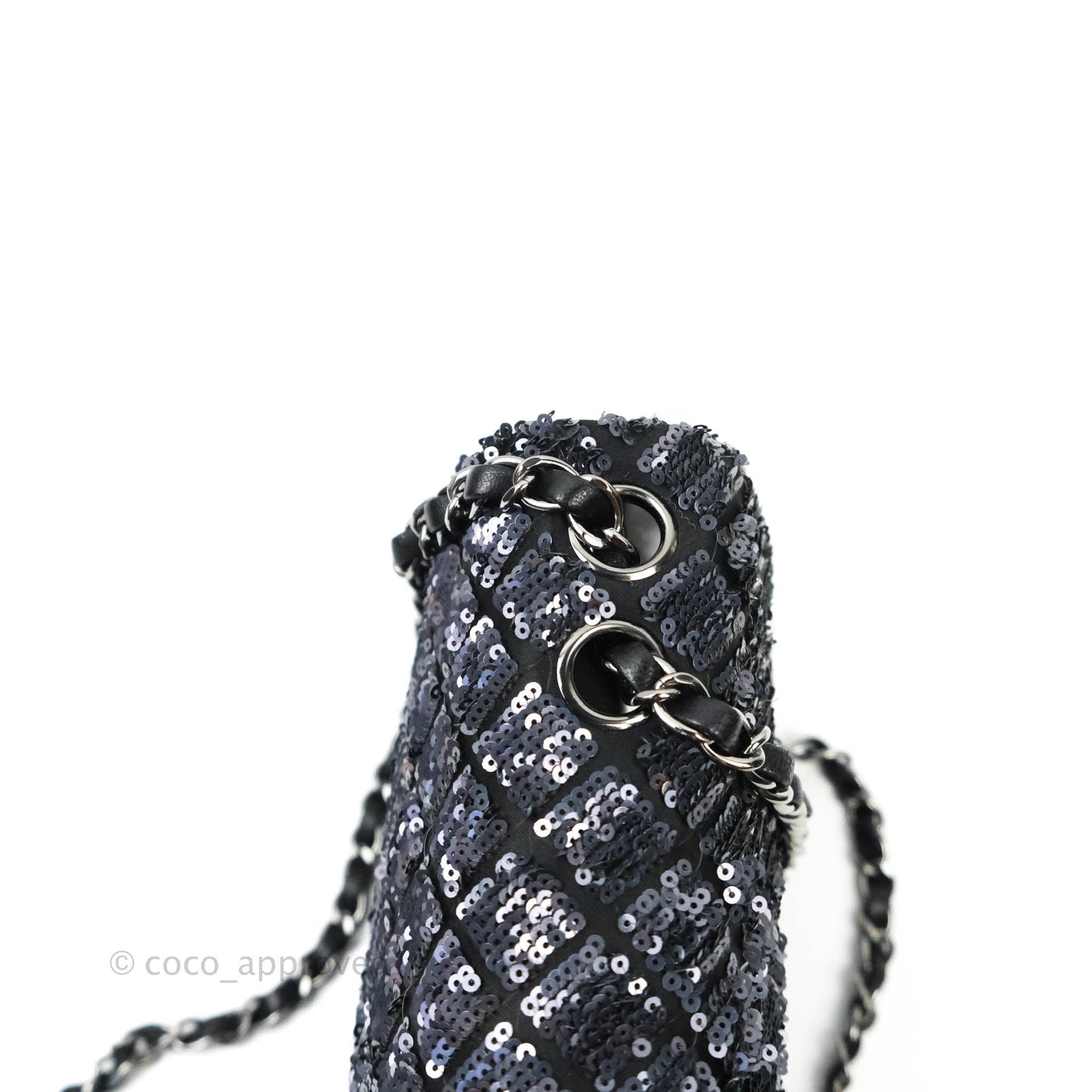 Chanel Quilted Medium Satin Sequin Single Flap Navy Black Gun Metal