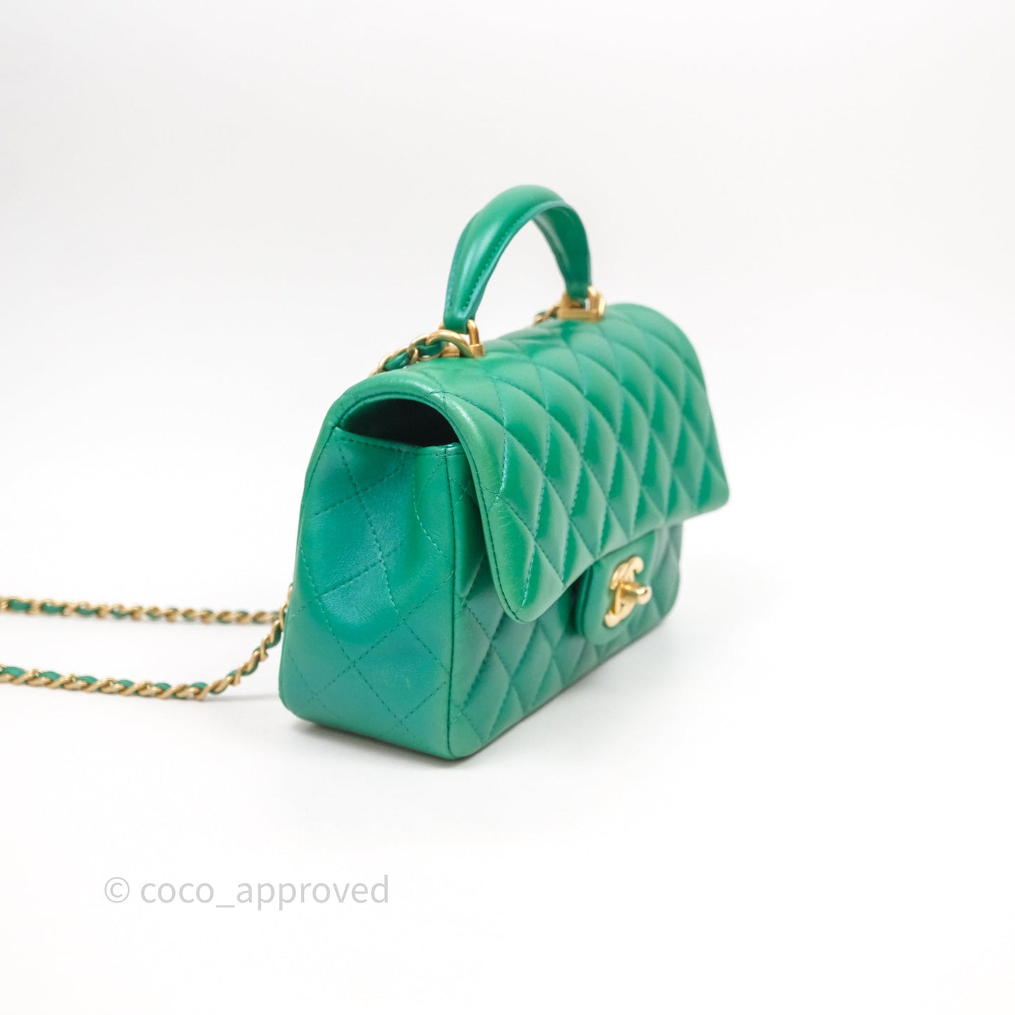 Chanel Top Handle Mini Rectangular Flap Bag Iridescent Green Lambskin Aged Gold Hardware