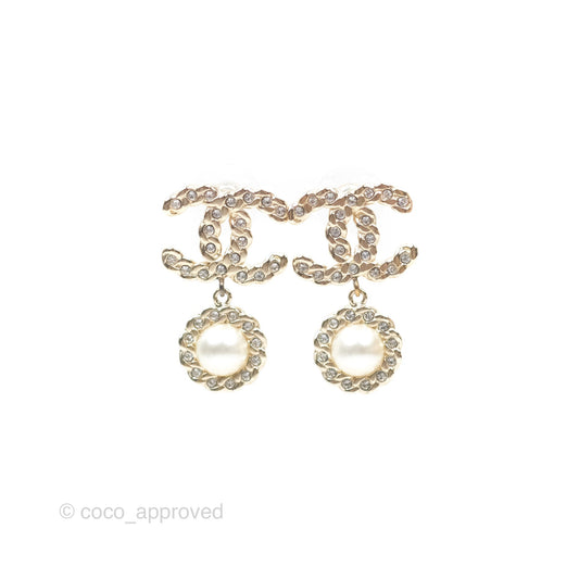 Chanel Crystal CC Pearl Drop Earrings Gold Tone 19P