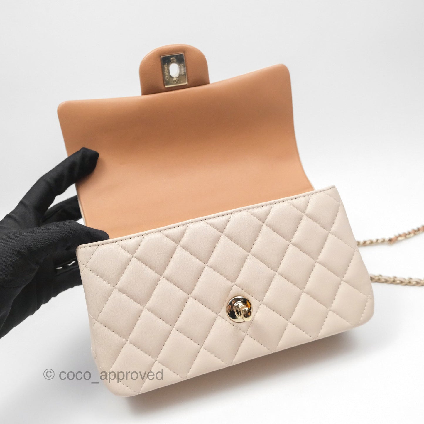 Chanel Top Handle Mini Rectangular Flap Bag Ecru/Beige Lambskin Gold Hardware 23P