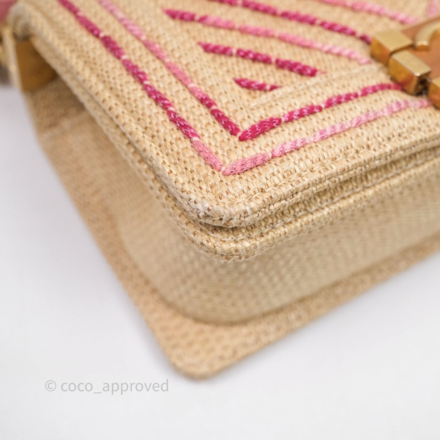 Chanel Small Boy Chevron Raffia Metallic Pink Aged Gold Hardware