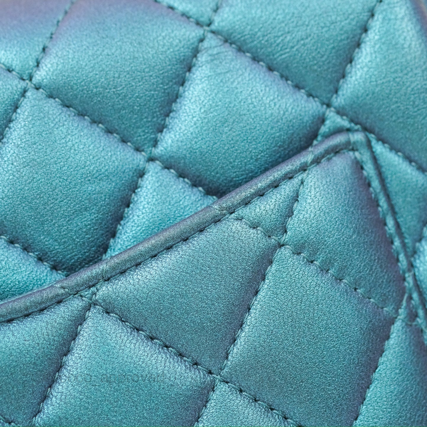 Chanel Mini Square Flap Quilted Iridescent Teal Lambskin Gun Metal
