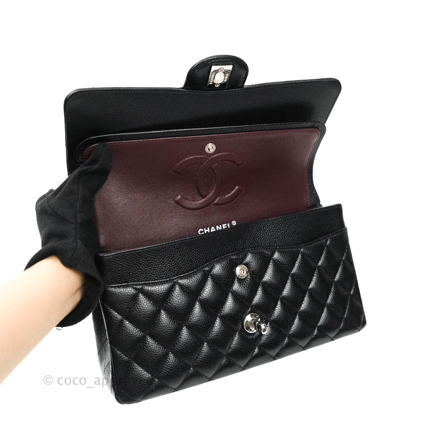 Chanel Classic M/L Medium Double Flap Bag Black Caviar Silver Hardware