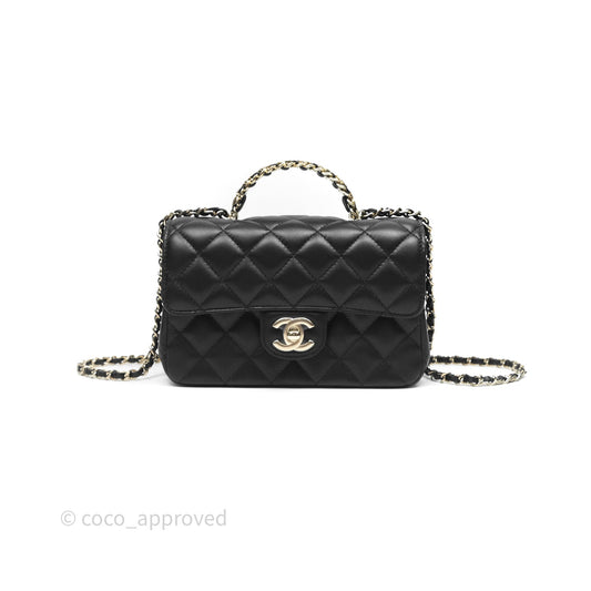 Chanel Crystals Top Handle Mini Rectangular Flap Bag Black Lambskin Gold Hardware