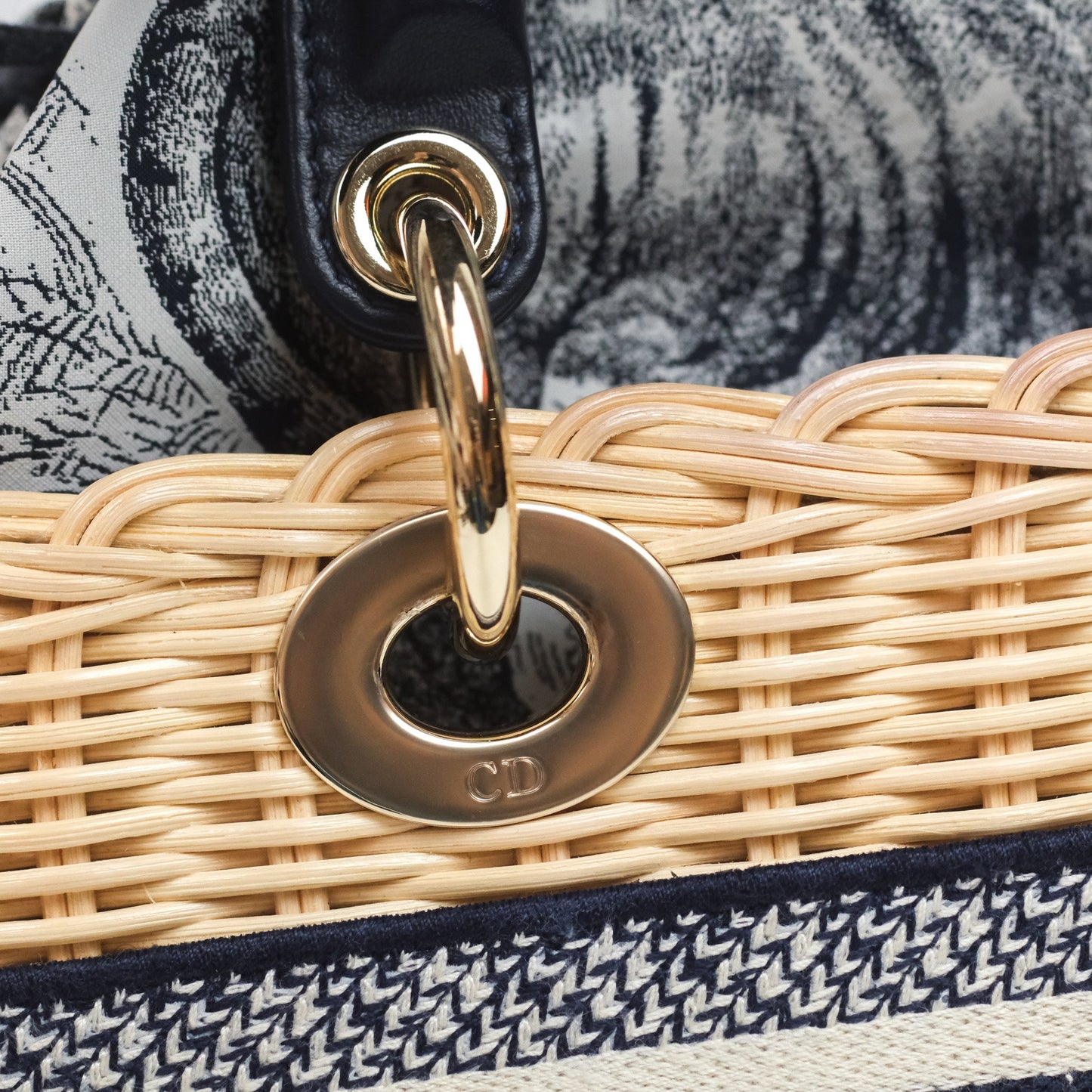 Christian Dior Dioriviera Medium Lady D-Joy Bag Natural Rattan and Blue Dior Oblique Jacquard