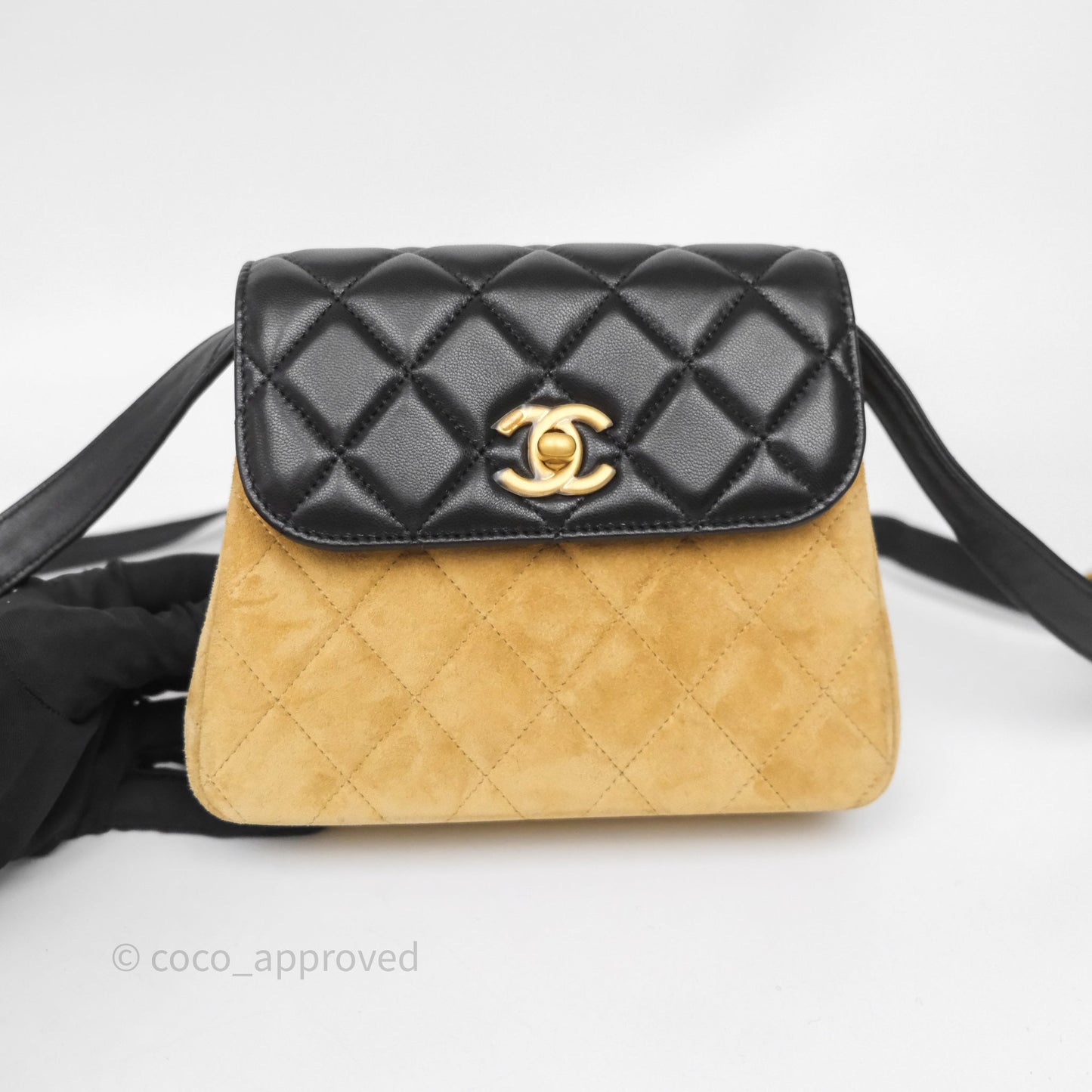 Chanel Mini Flap Bag Camel Suede/ Black Lambskin Gold Hardware