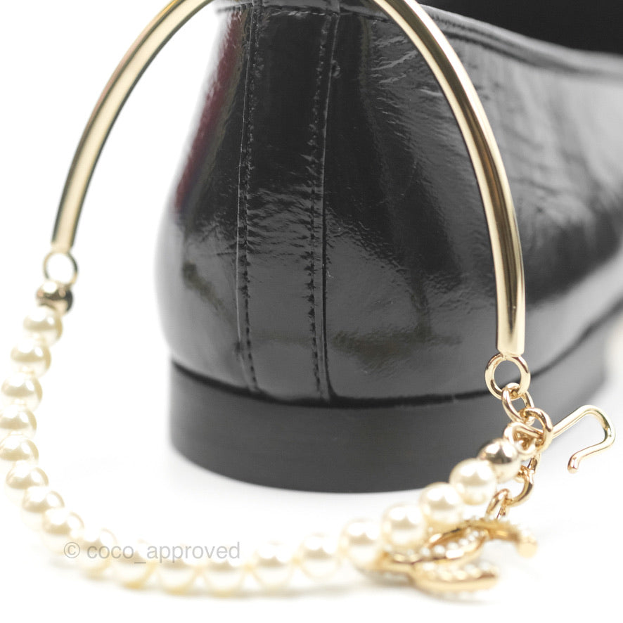 Chanel Ankle Pearl Flat Ballerinas Black Lambskin 23C Sizes 37