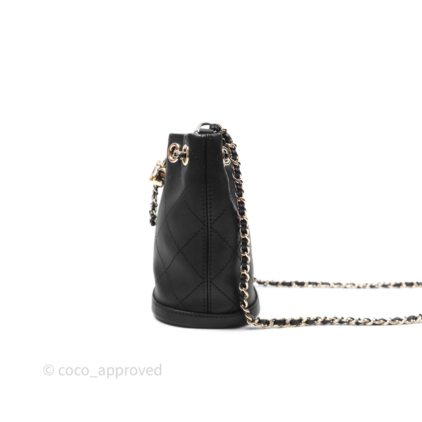Chanel Quilted Drawstring Bucket Bag Black Calfskin Gold Hardware