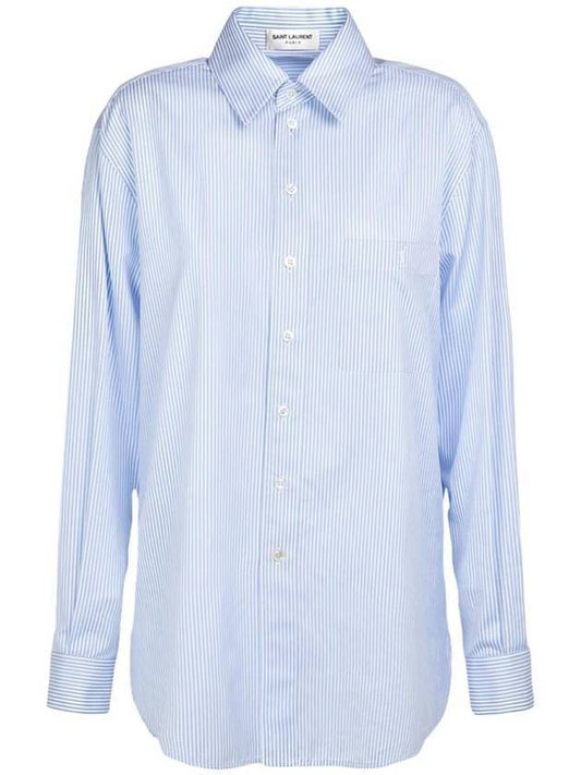Luxury Saint Laurent Striped Cotton Poplin Monogram Long Sleeve Shirt Blue