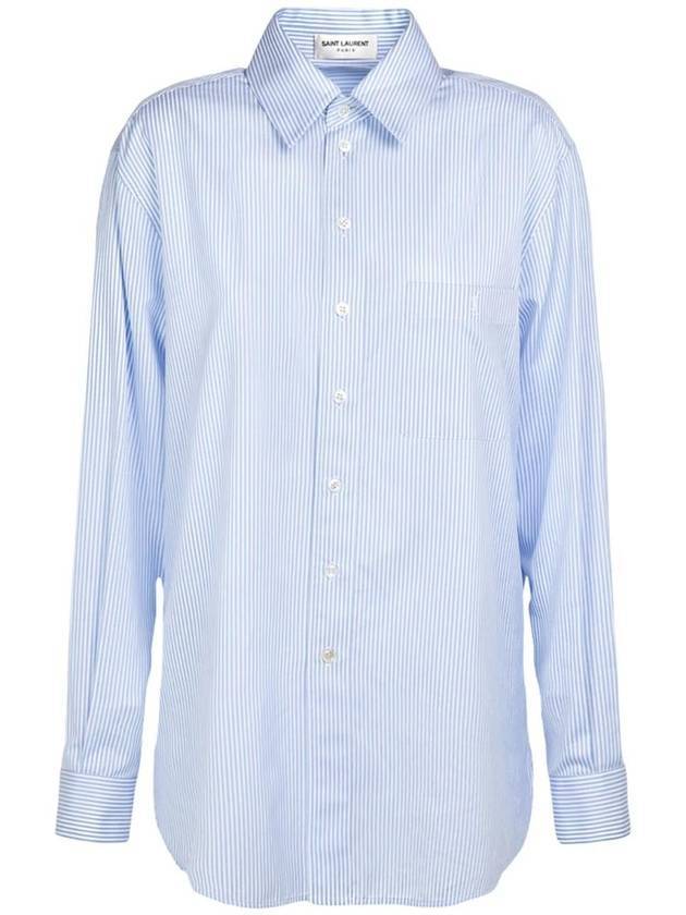 Luxury Saint Laurent Striped Cotton Poplin Monogram Long Sleeve Shirt Blue