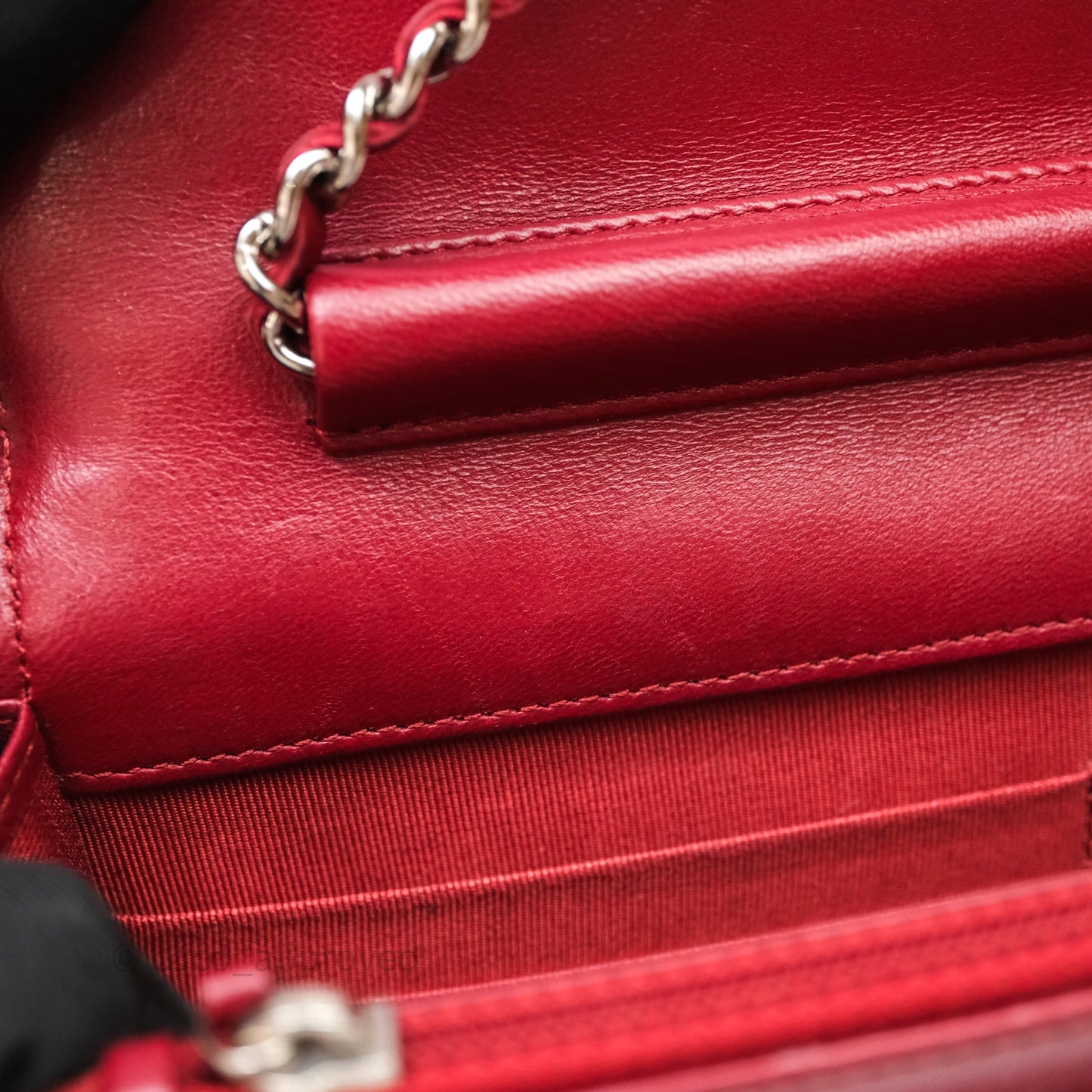 Chanel Quilted Wallet on Chain WOC Red Lambskin Silver Hardware
