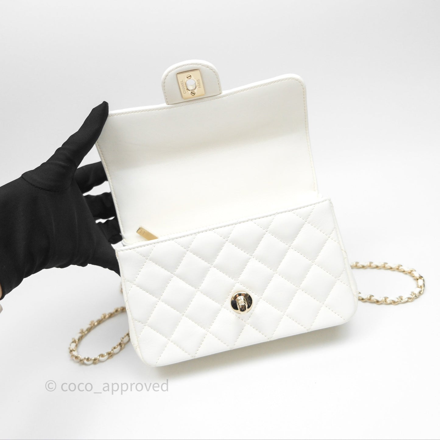 Chanel Crystals Top Handle Mini Rectangular Flap Bag White Lambskin Gold Hardware
