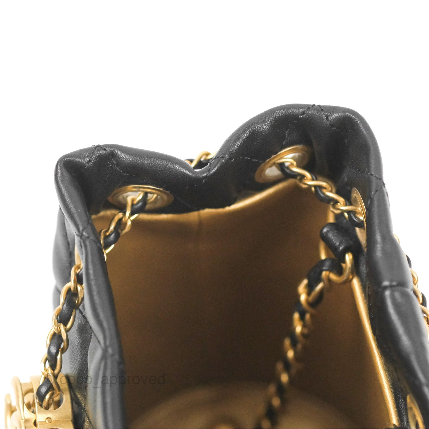 Chanel Pearl Crush Bucket Bag Black Lambskin Aged Gold Hardware