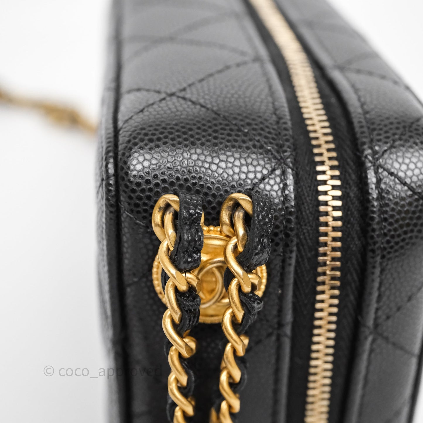 Chanel Quilted CC Coins Purse Chain Camera Case Black Caviar Aged Gold Hardware