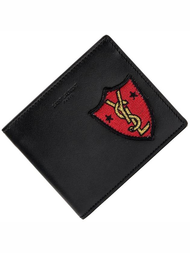 Luxury Saint Laurent Embroidery Shield Logo Half Wallet Black