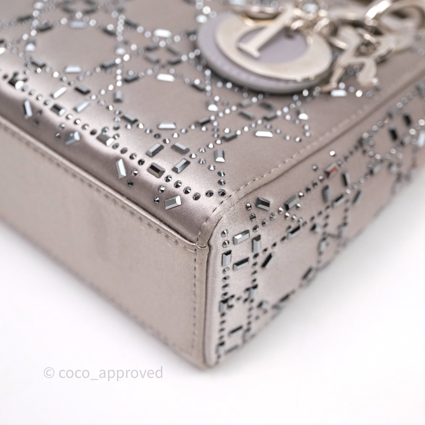 Christian Dior Mini Lady Dior Bag Grey Strass Cannage Satin Silver Hardware