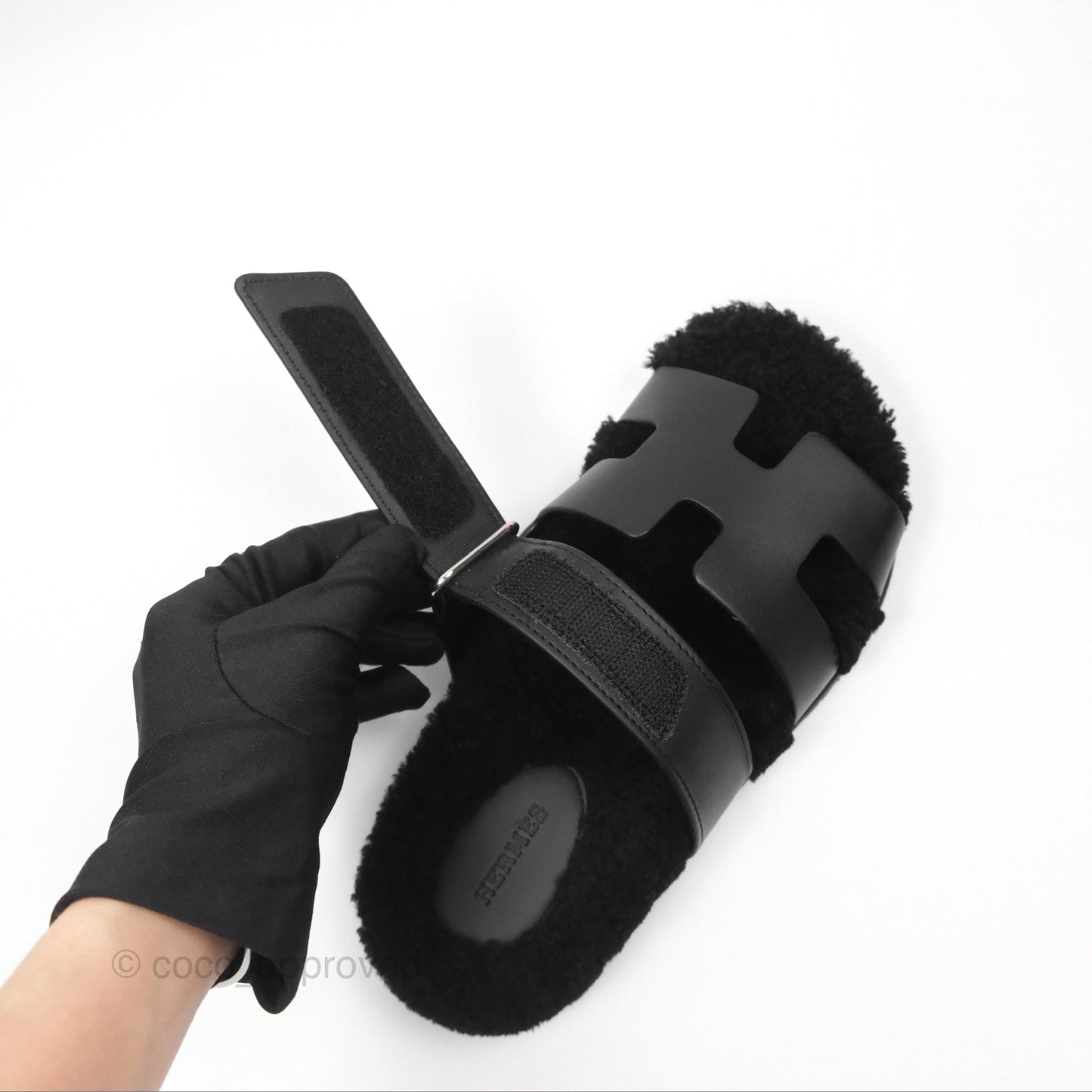 Hermès Chypre Sandal Shearling Black Calfskin Size 36
