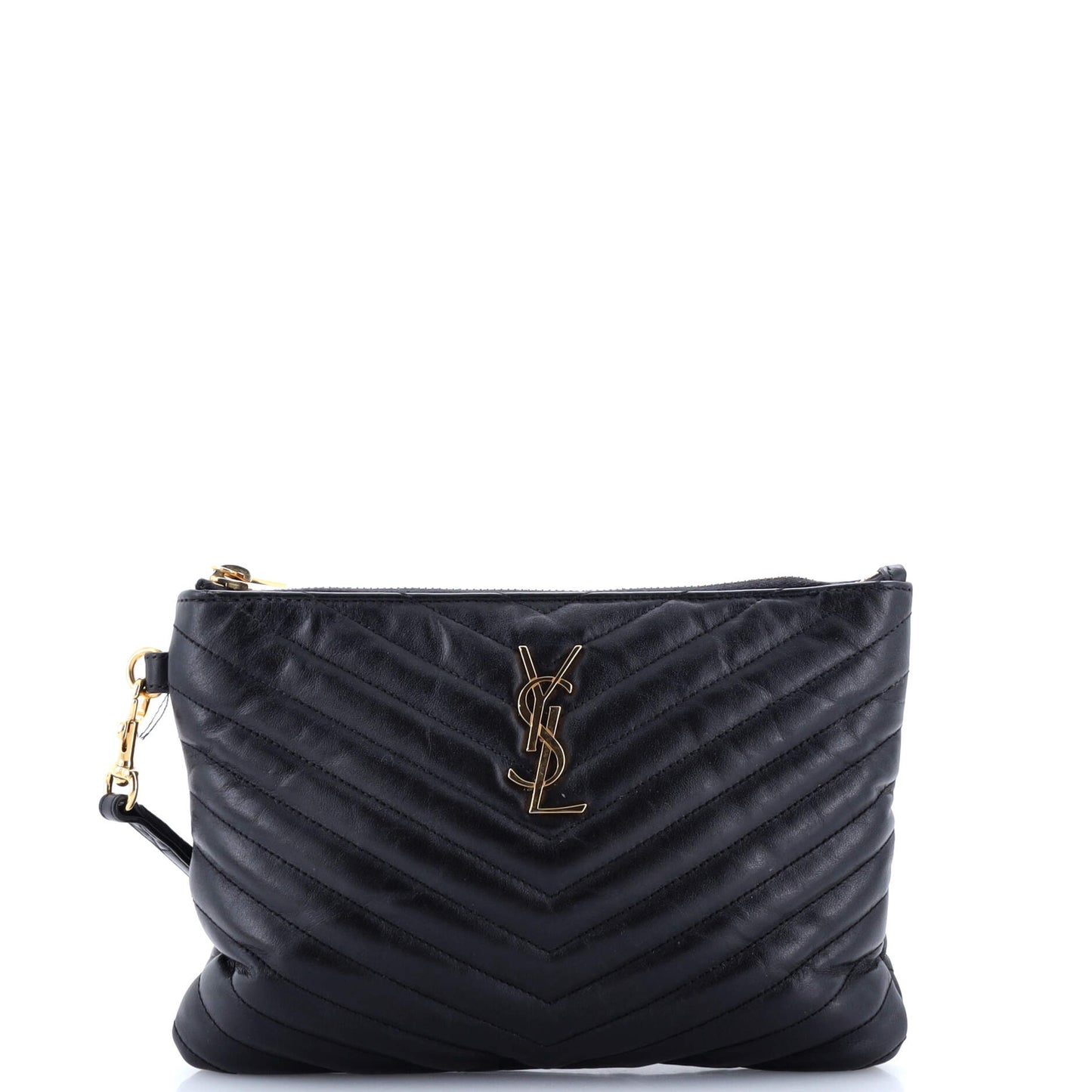 Luxury Saint Laurent Classic Monogram Wristlet Pouch Matelasse Chevron Leather Small